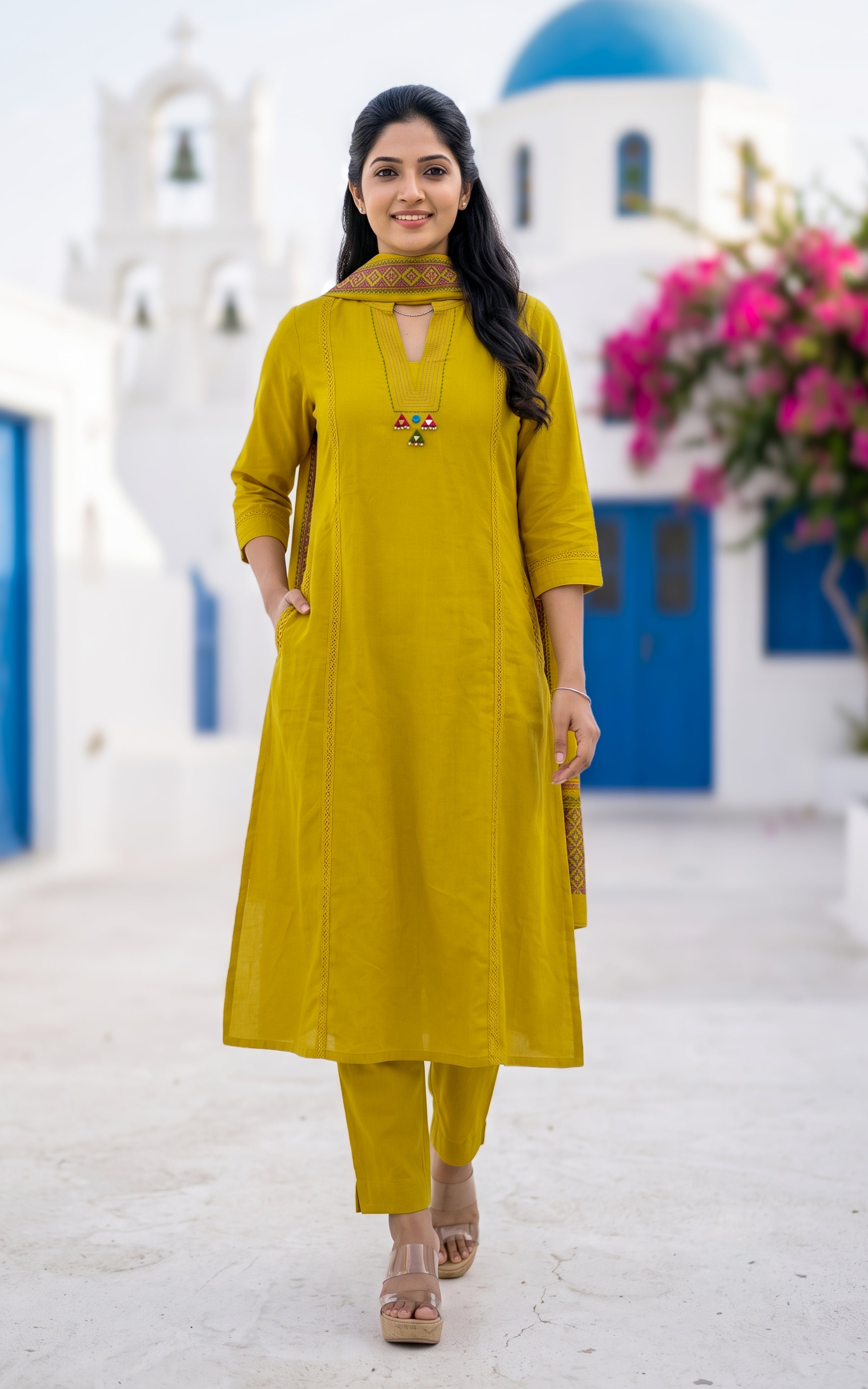 Mustard Cotton Kurti Set for Women