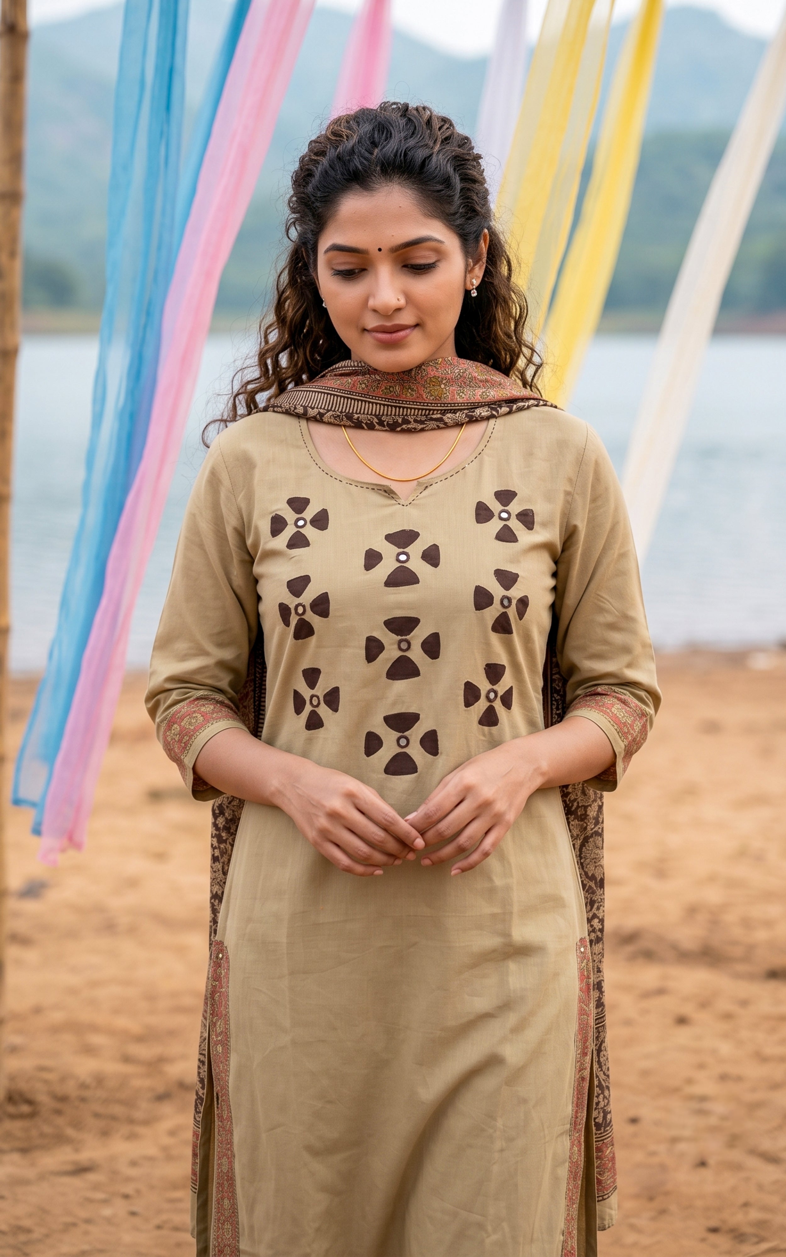 Instore – Beige Tharunya Handblock Kurti Pant Dupatta Set for Women – Cotton – Handblock Printed – Ethnic Wear