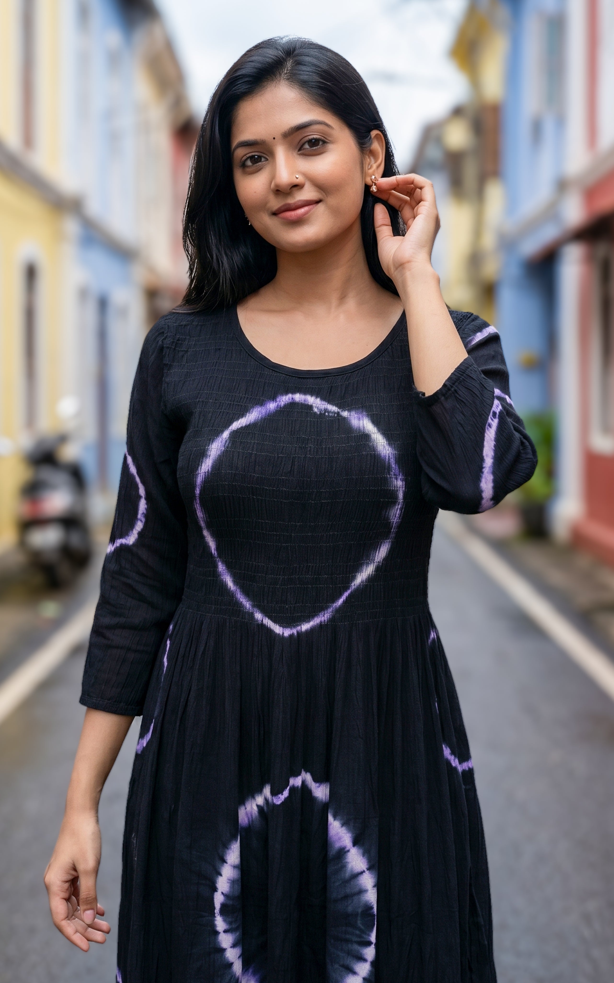 Instore - Black Color Viscose Smocked Indo Western Maxi, No Lining