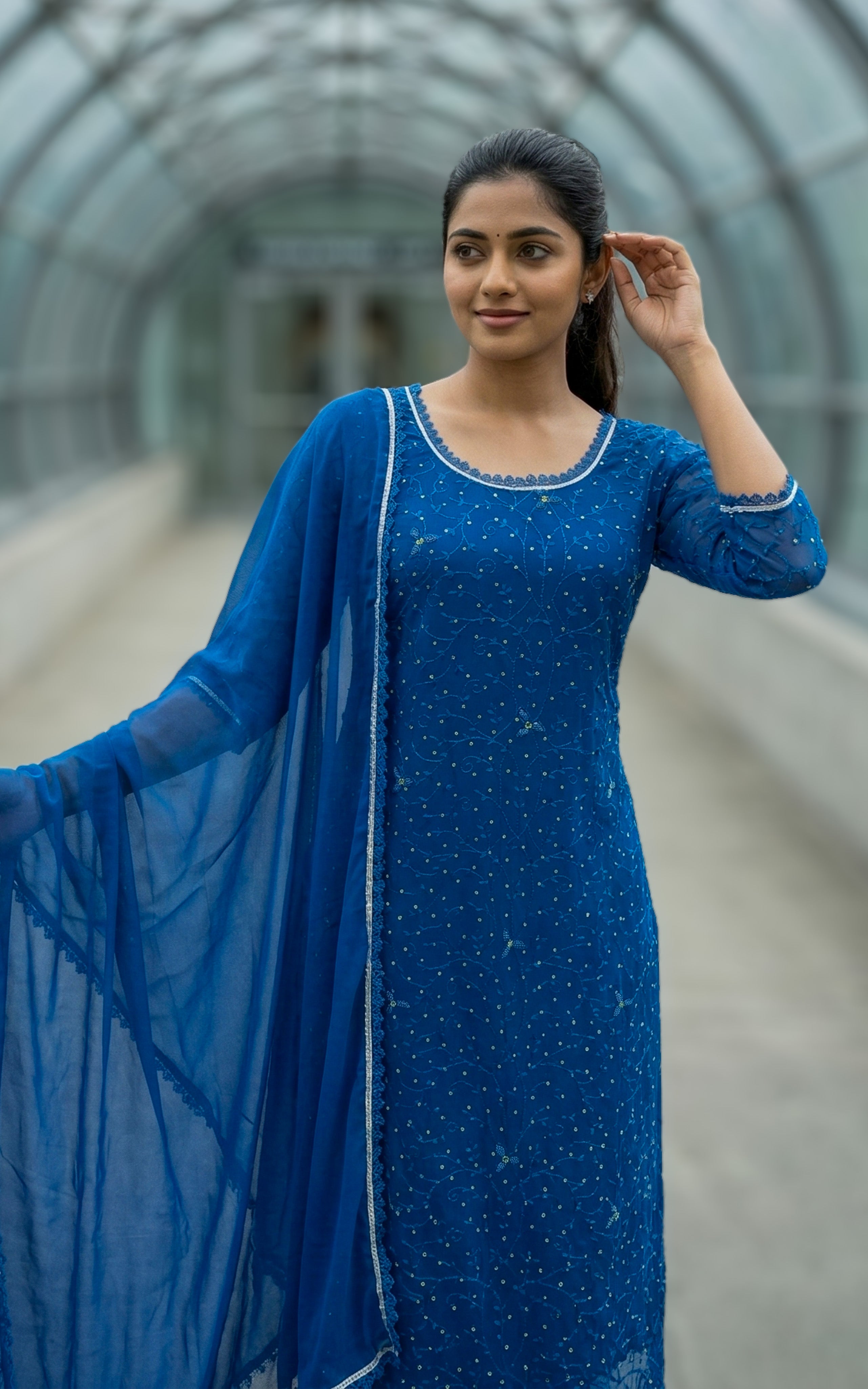 blue ethnic georgette kurti set
designer georgette kurti with embroidery & sequins