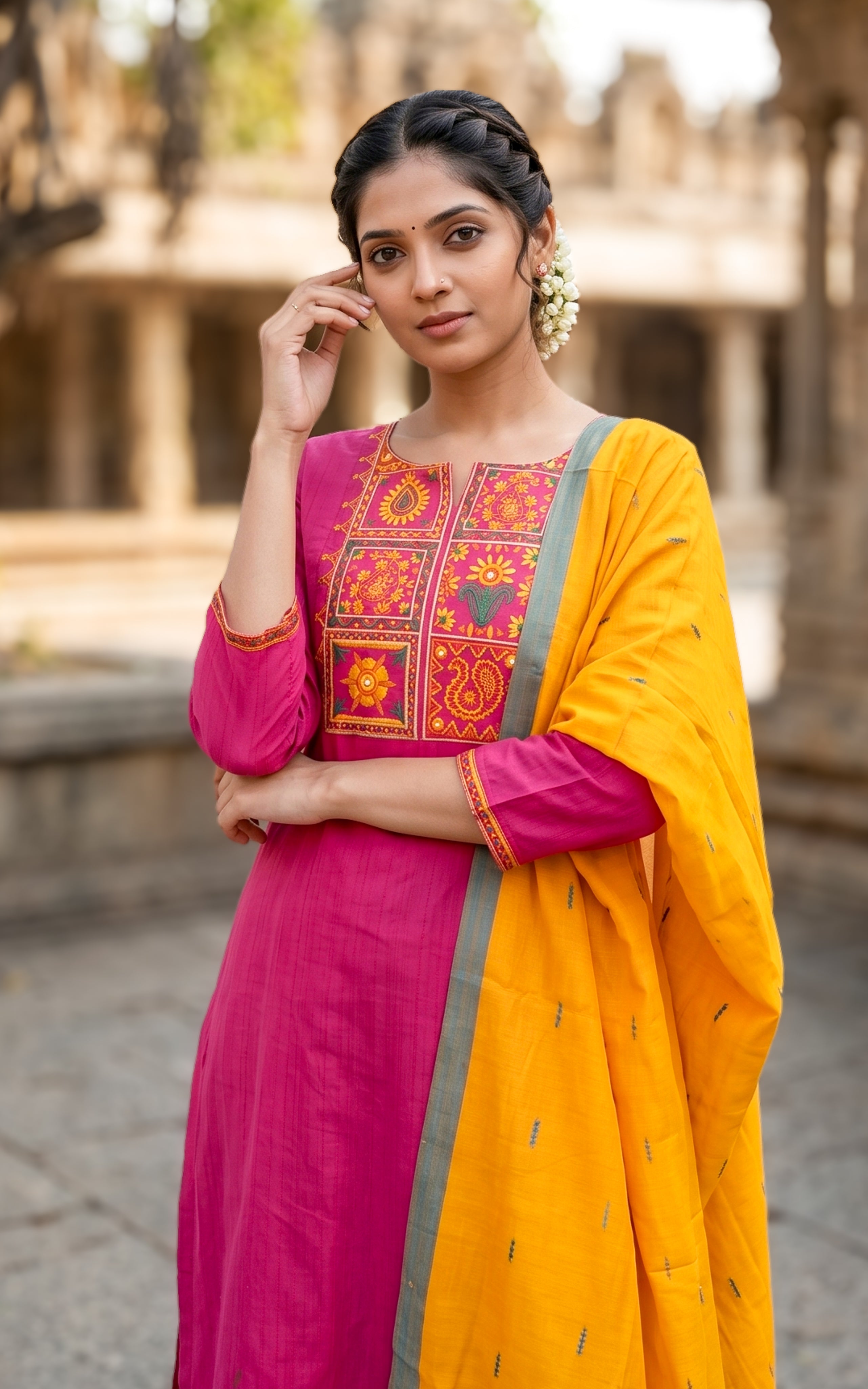 Cotton embroidered yoke kurti for women