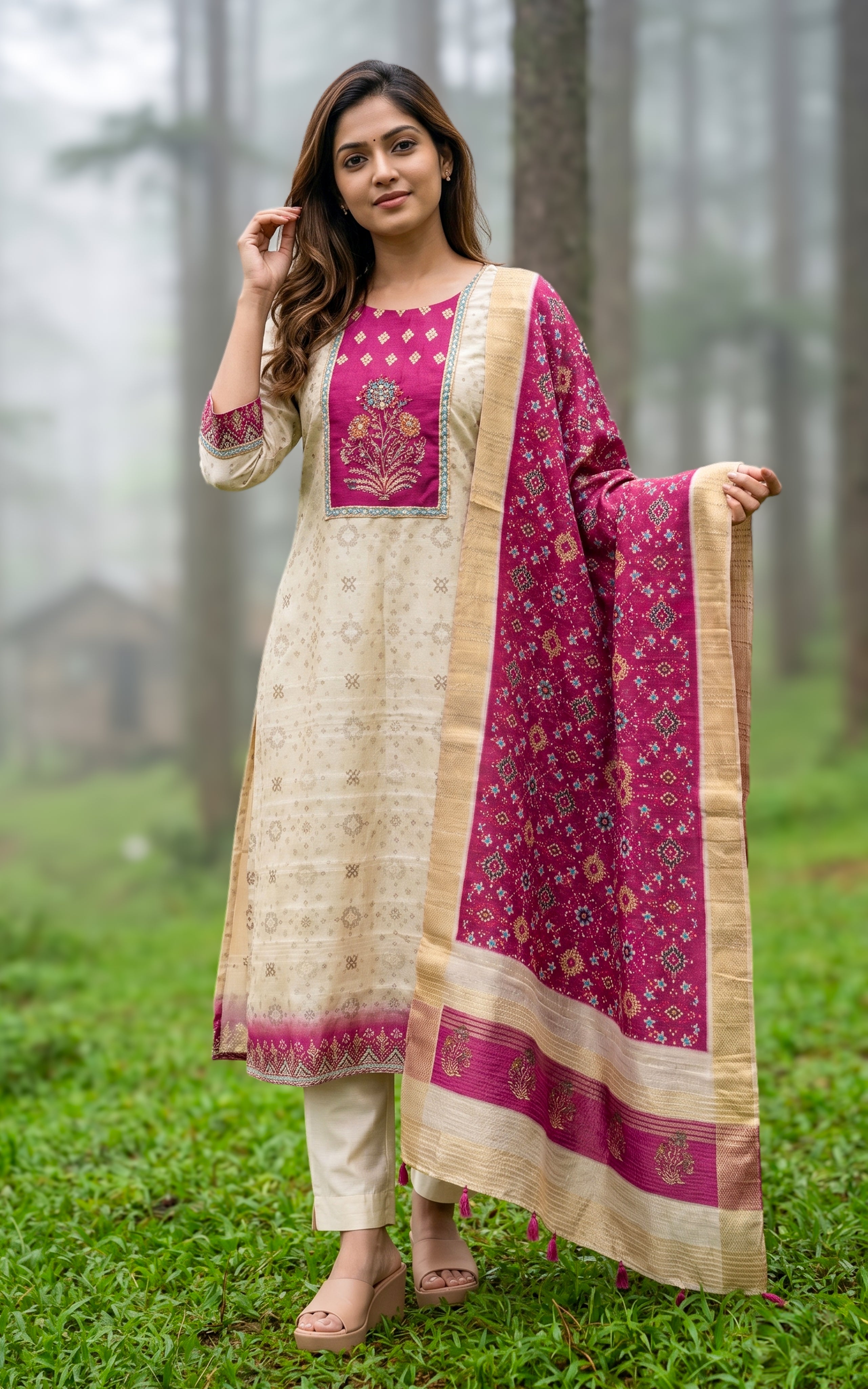 Beige stylish ethnic kurti set for women