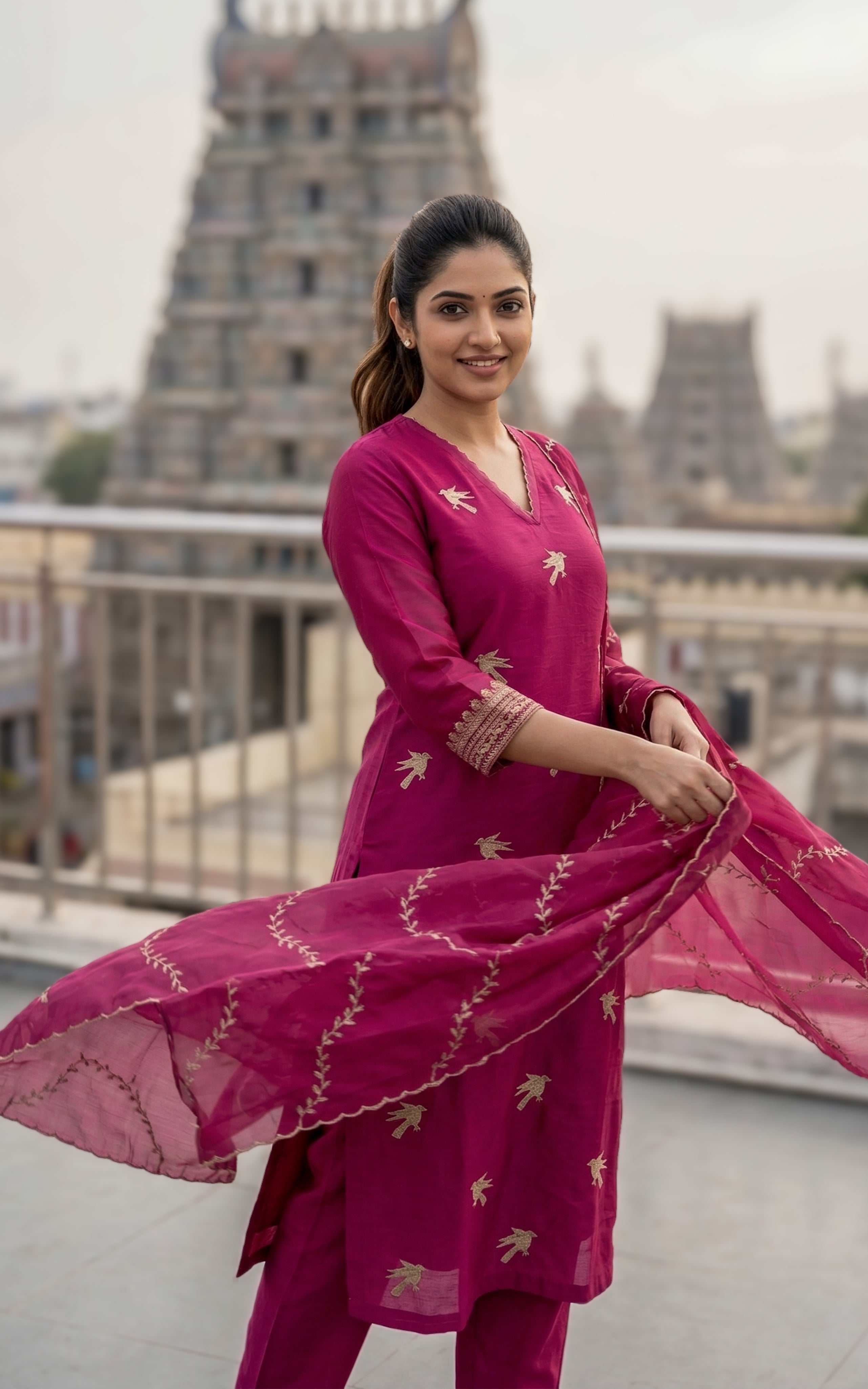 Straight Cut Kurti with Birds Embroidery and Matching Leaf Embroidery Dupatta 