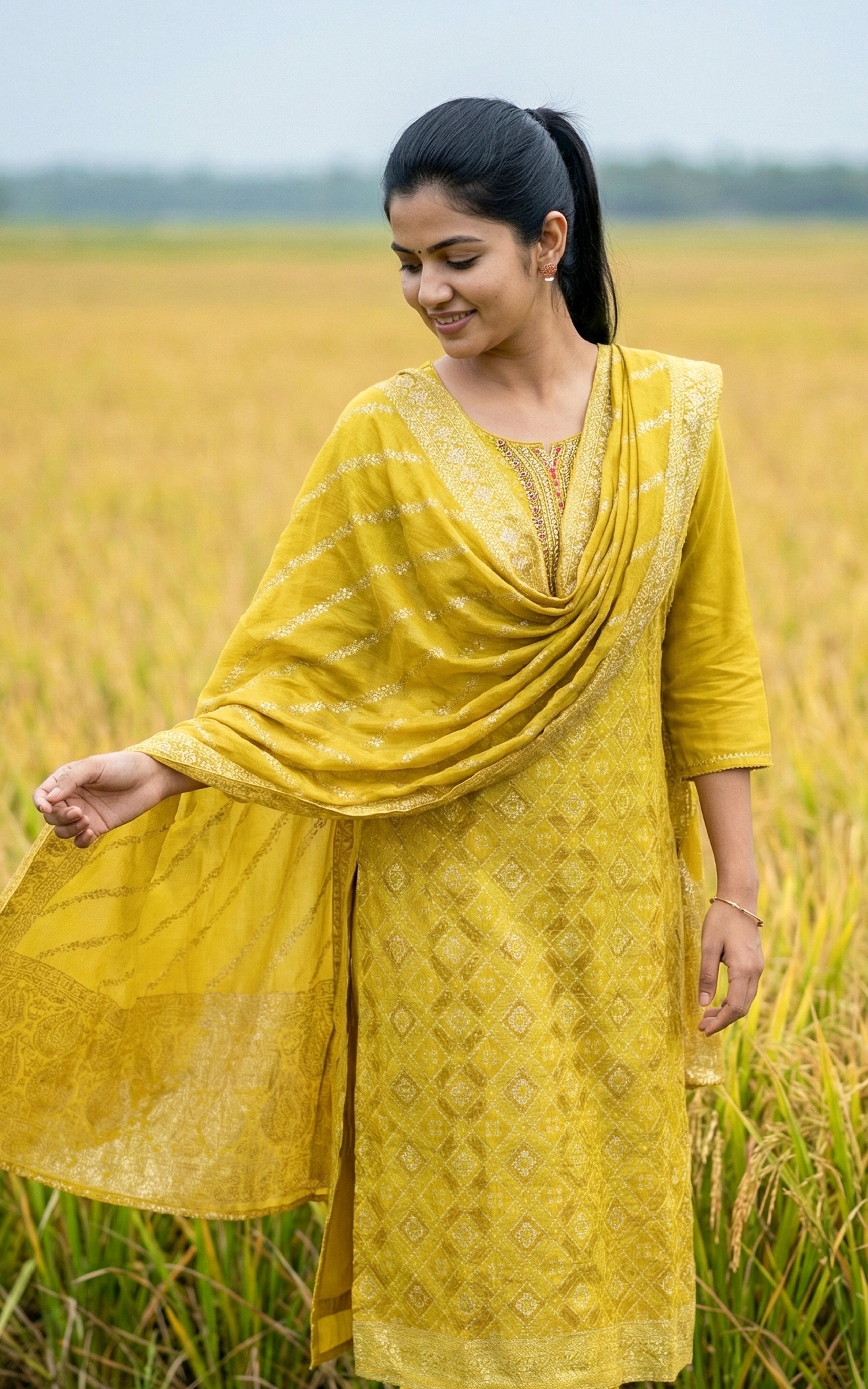 Instore - Lime Yellow Art Silk Straight Cut Kurti with Side Slit & Embroidery Neckline with Pant & Gold Woven Dupatta