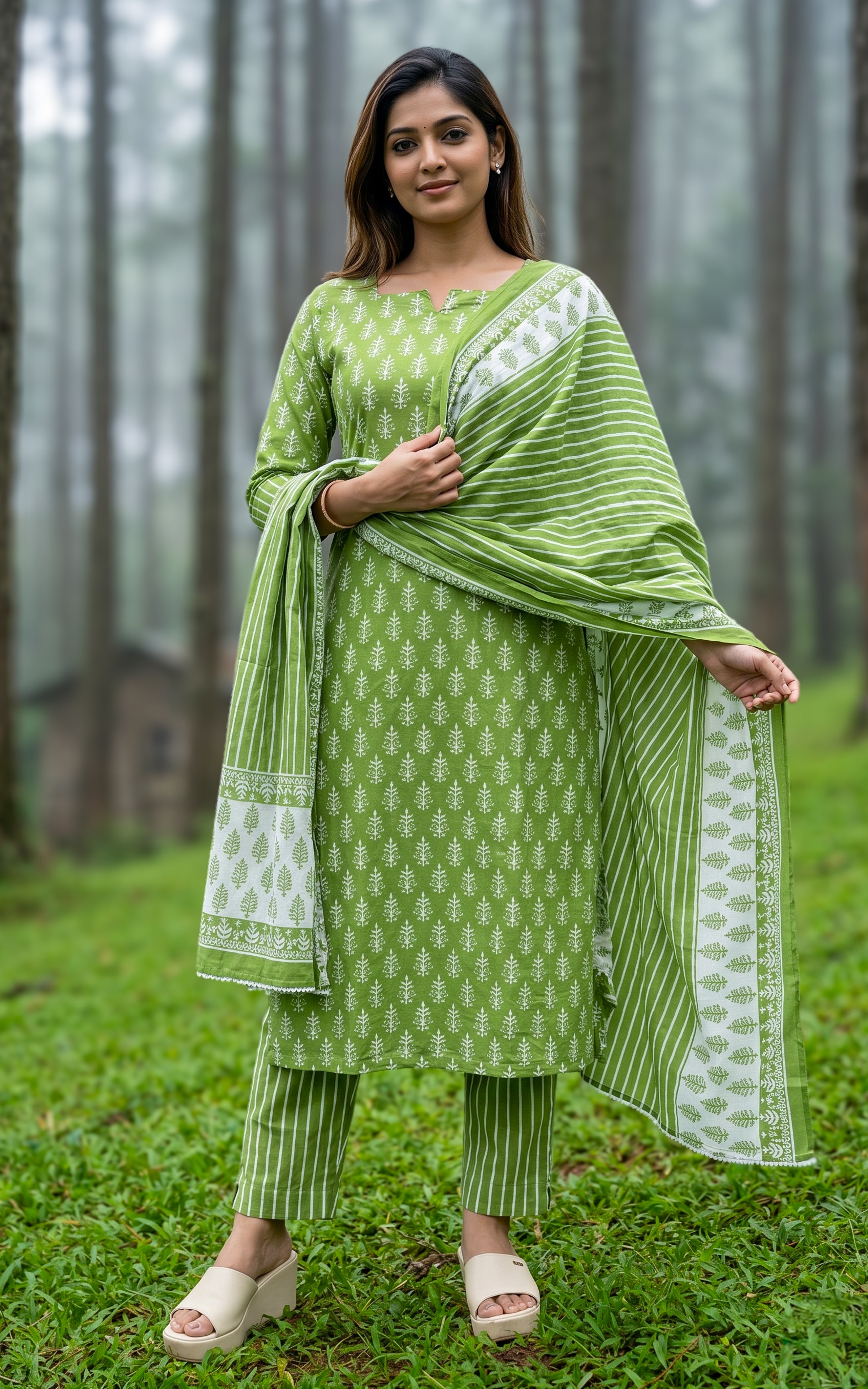 Green handscreen printed cotton kurti set for women