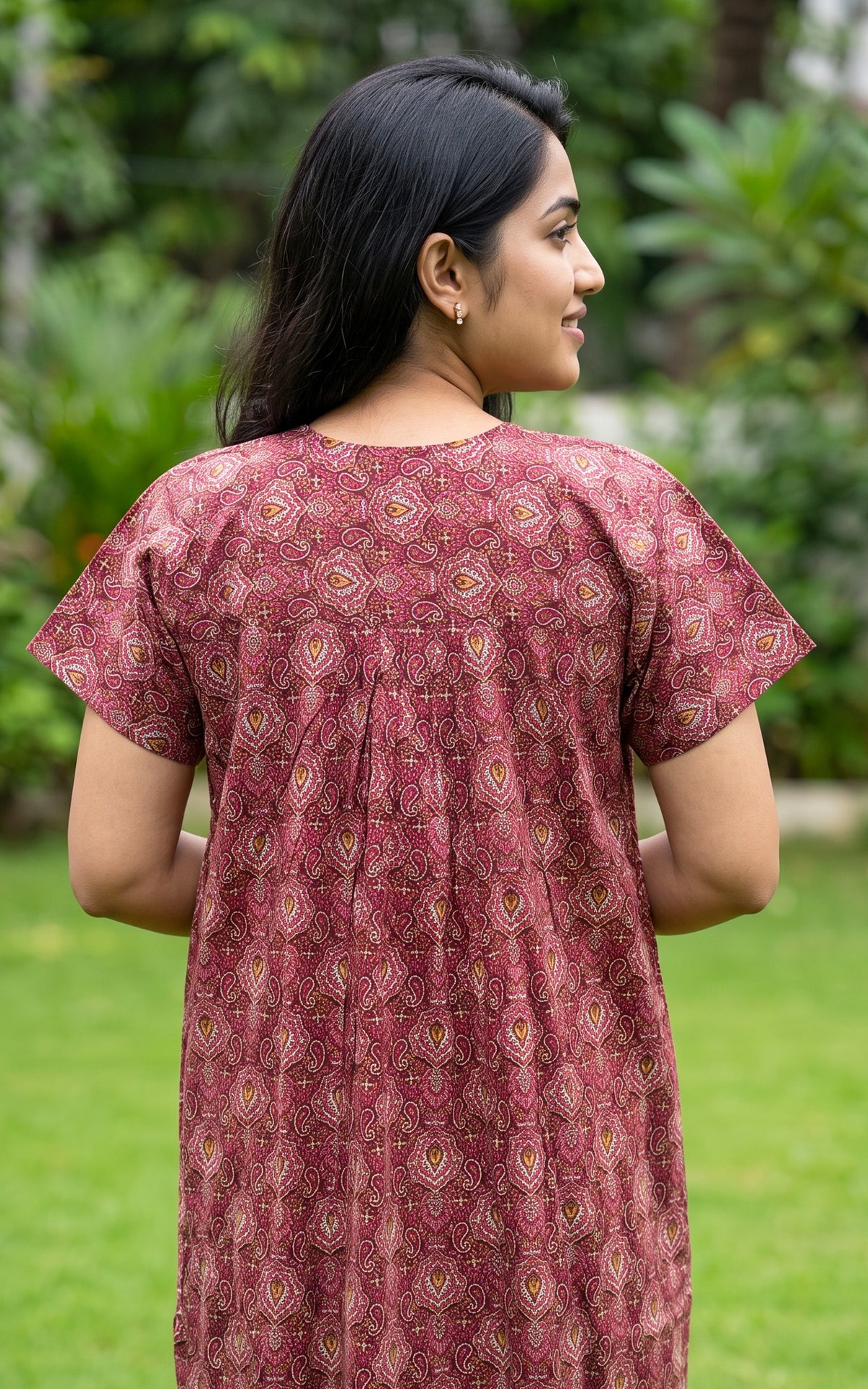 Instore – Maroon & Pink Cotton Straight Fit Nighty for Women – Cotton – Printed – Ethnic Wear