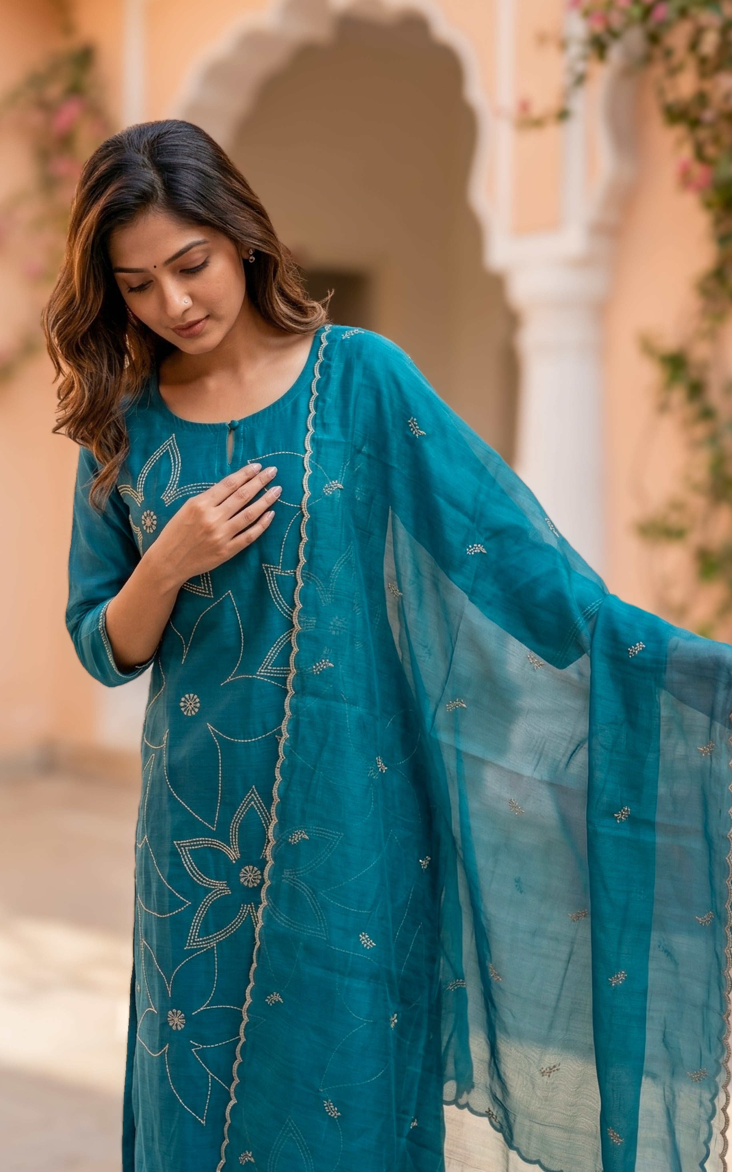 Occasion wear art silk kurti with embroidered dupatta