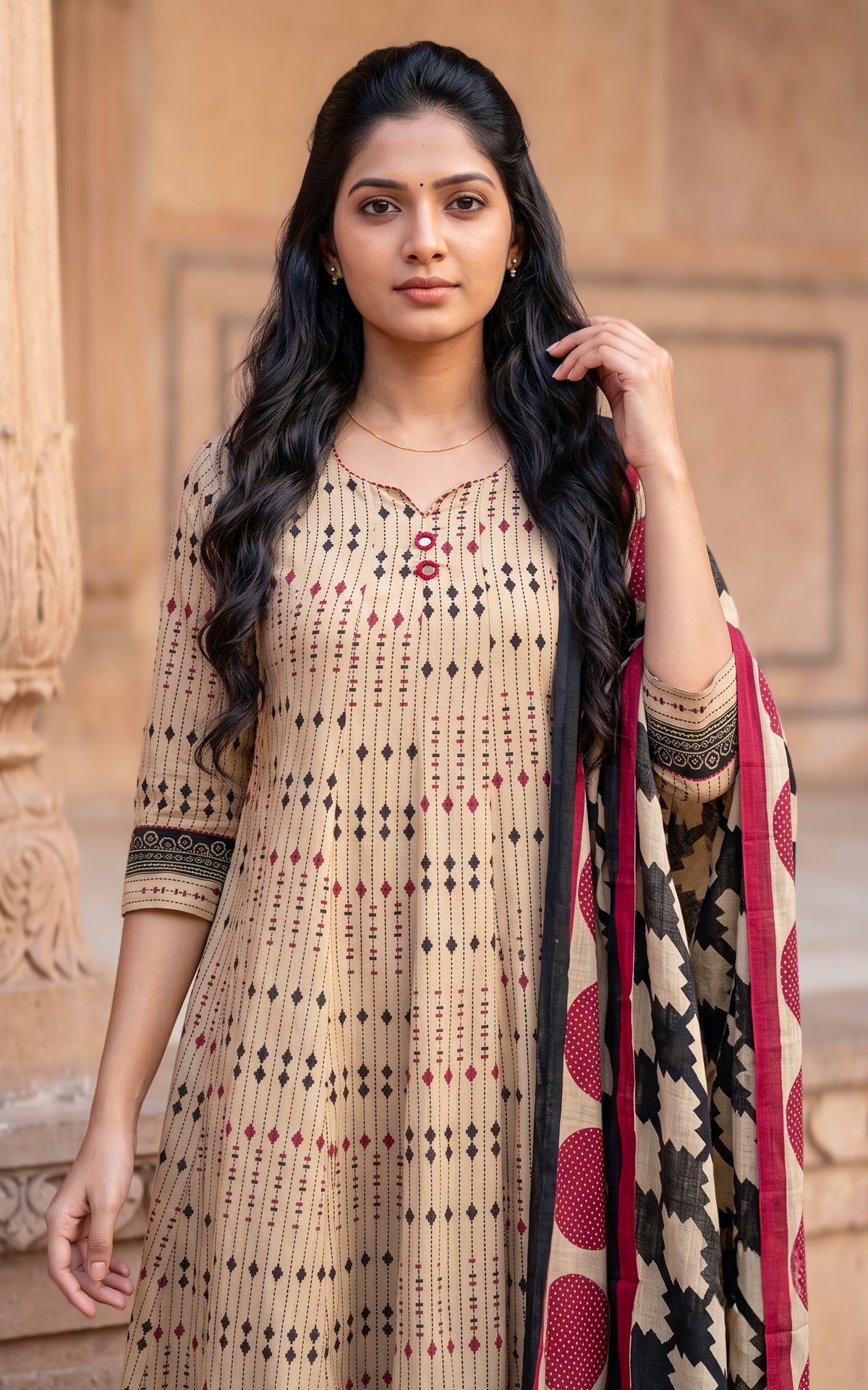 Beige and Black Cotton Office Wear Anarkali Kurti with Dupatta for Women