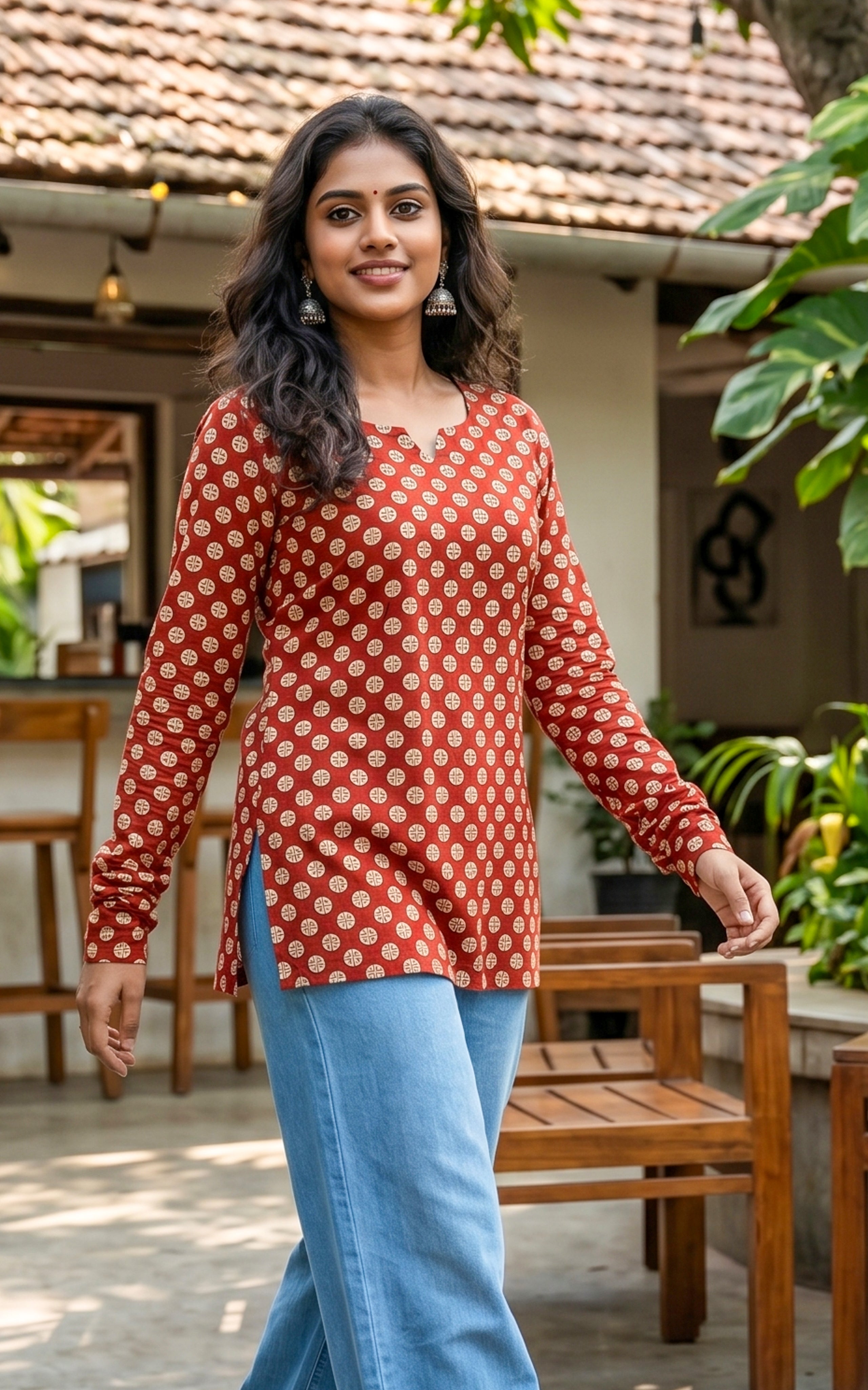 Handblock printed cotton short straight cut kurti for women

Short kurti with gathered sleeves

Cotton kurti with criss cross back design