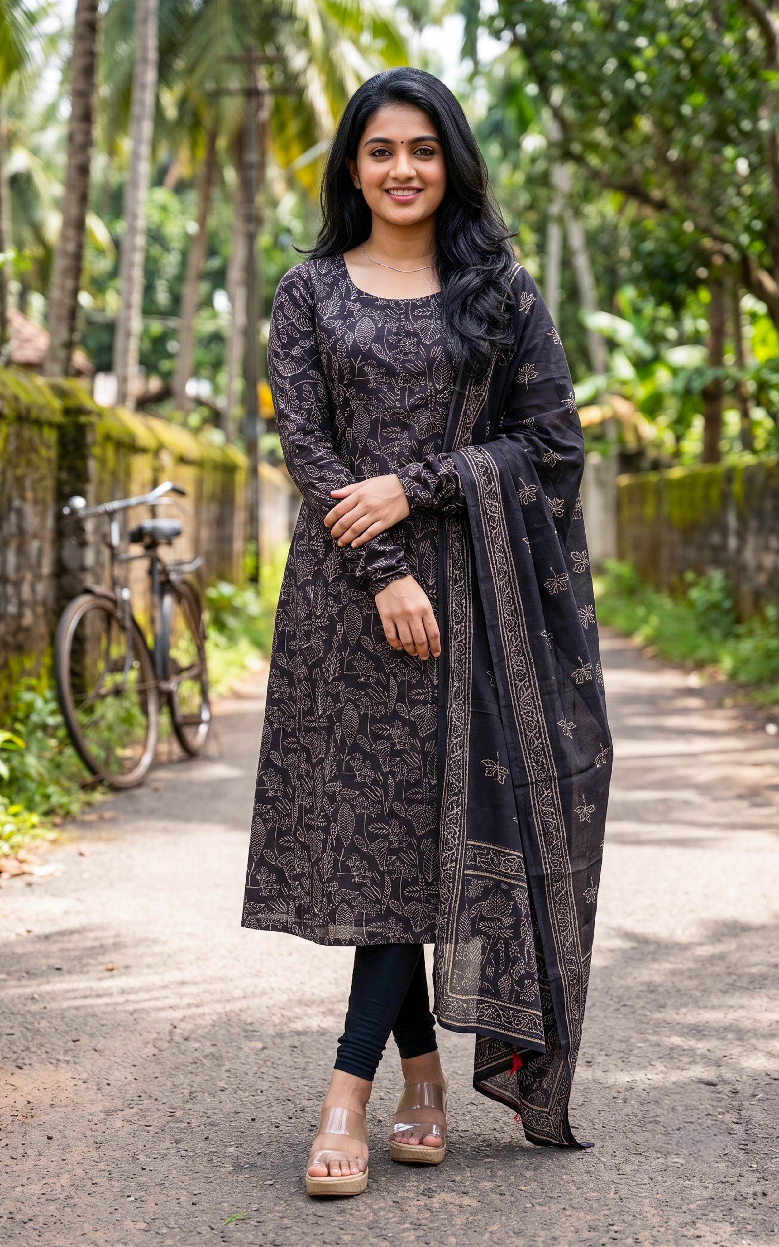 Black Cotton Daily Wear Kurti with Dupatta for Women