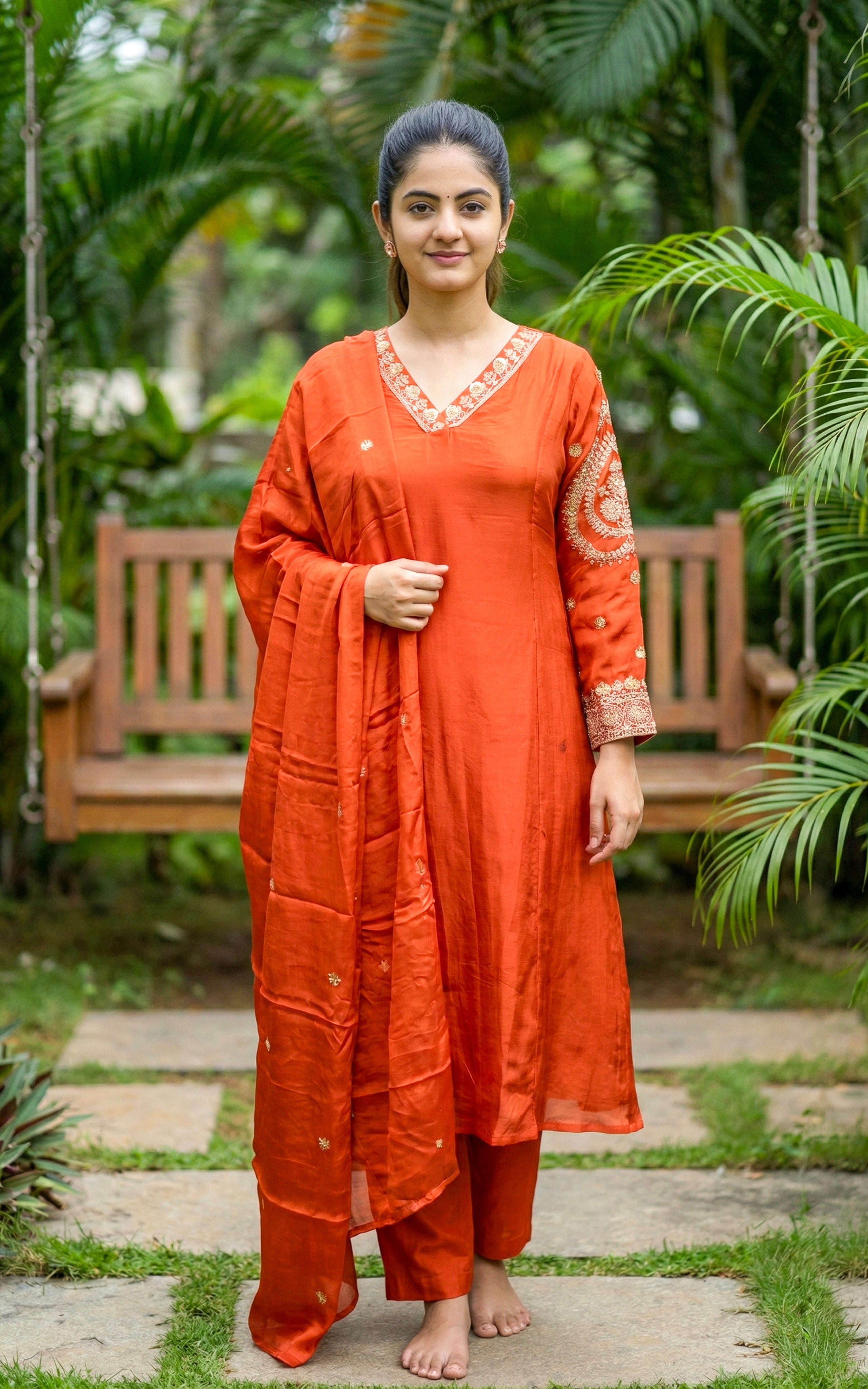 Instore - Orange Art Silk V Neck Sequence Embroidery Aline Kurti with Side Slit & One Side Pocket with Art Silk Dupatta