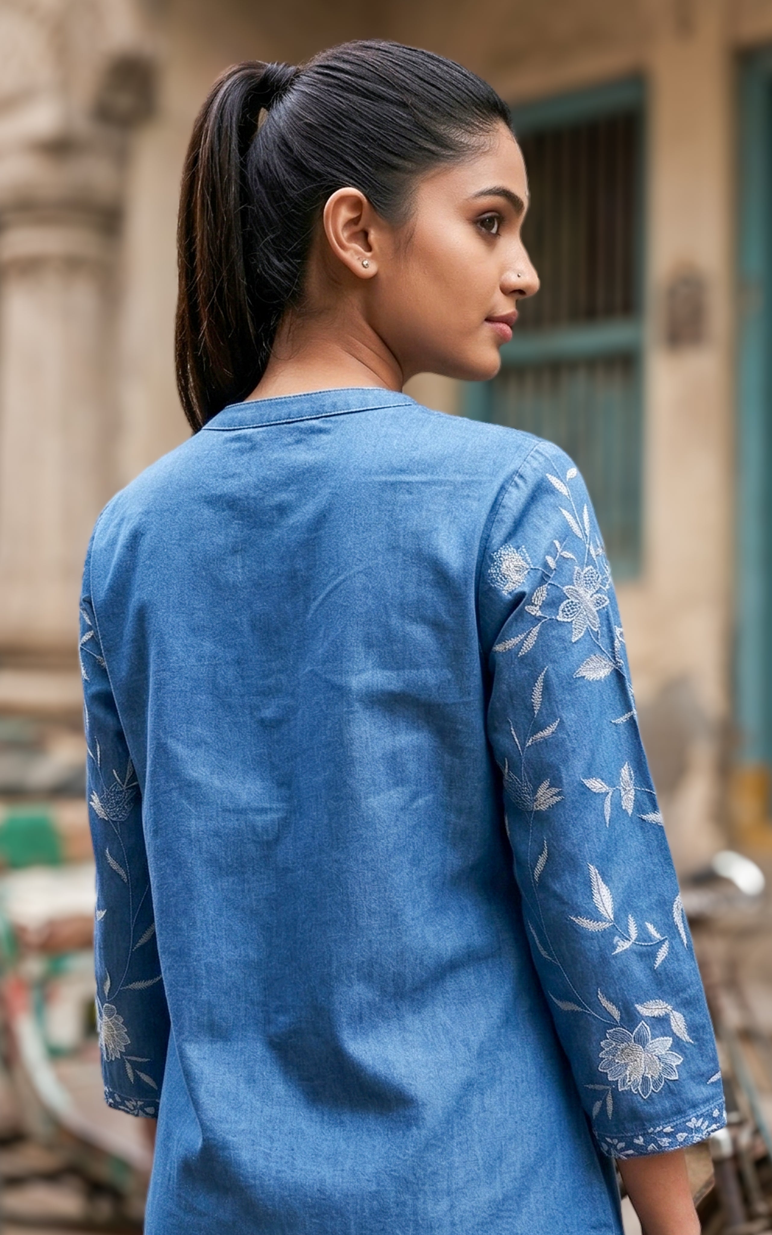 Instore - Blue Color Denim Short Top with Embroidery and Mandarin Collar Featuring Front Open Button