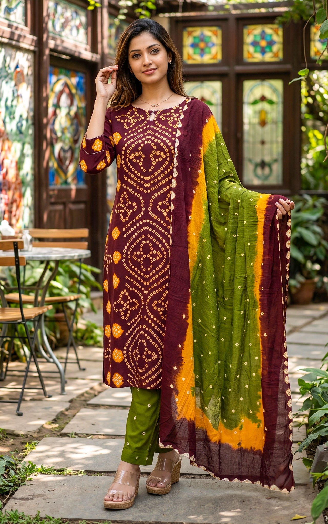 Deep Brown and Mehndi Green Cotton Casual Wear Kurti Set for Women