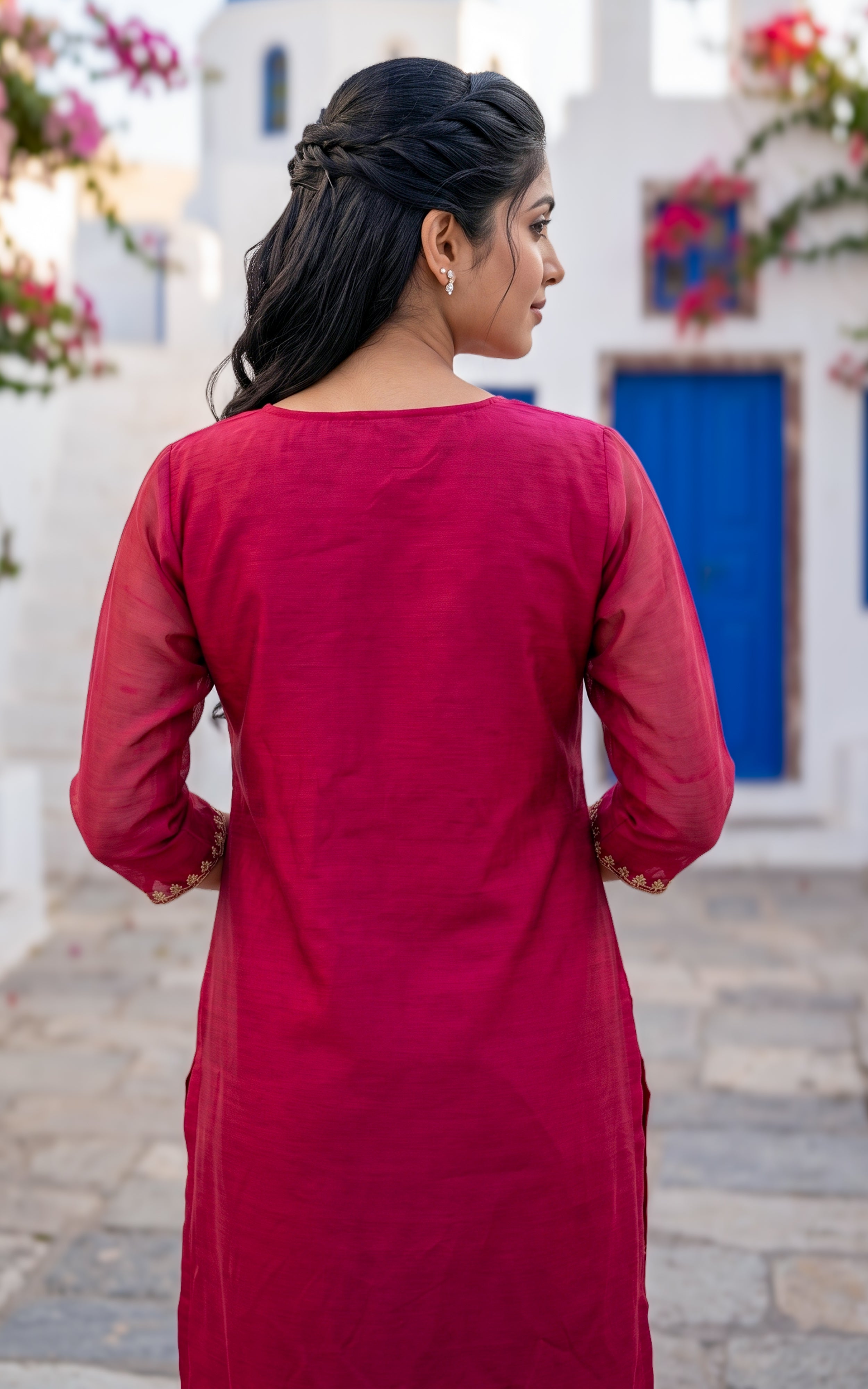 Red Chanderi Elegant Embroidered Kurti Set for Women
