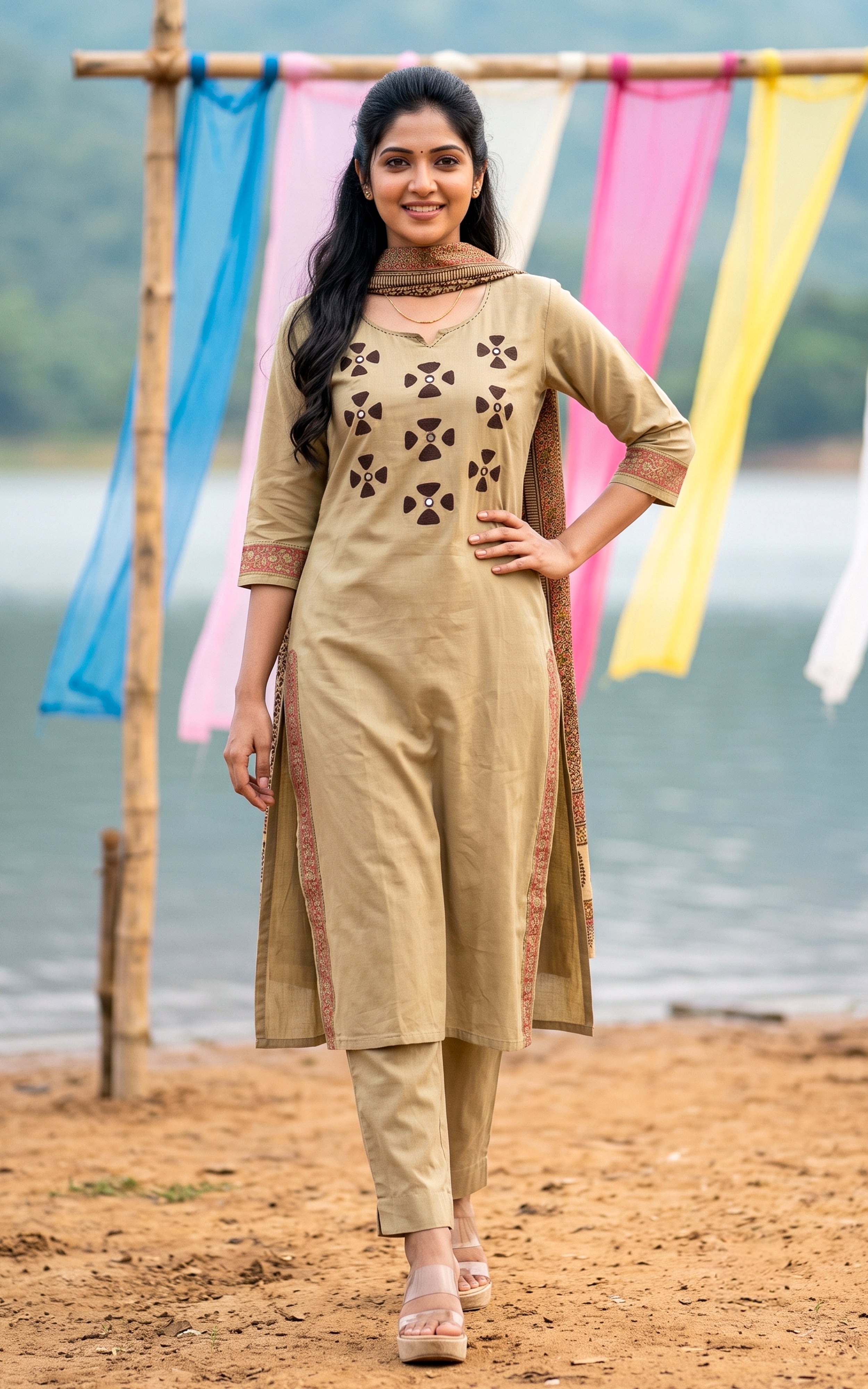 Instore – Beige Tharunya Handblock Kurti Pant Dupatta Set for Women – Cotton – Handblock Printed – Ethnic Wear