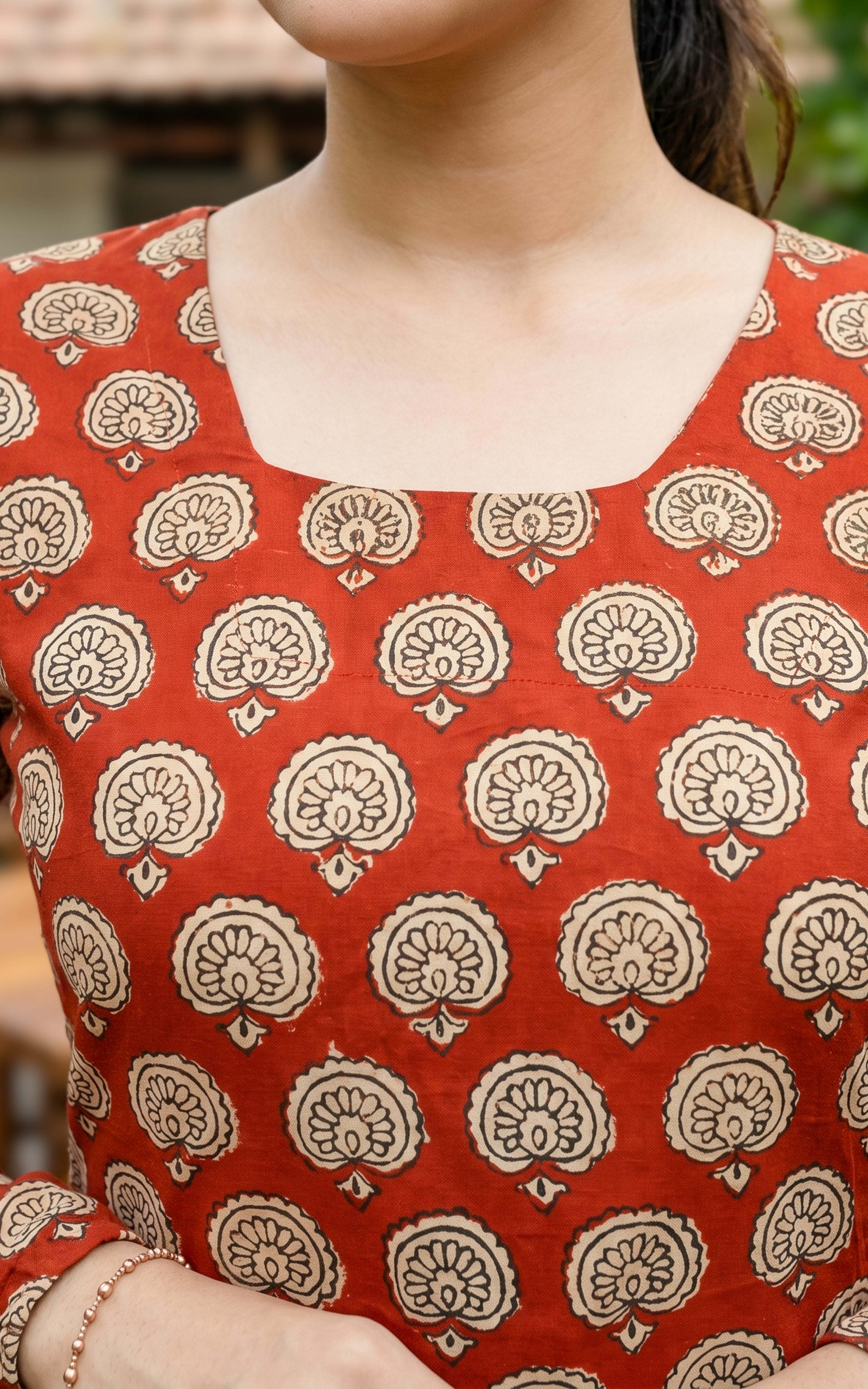 Instore – Handblock Printed Cotton Short Straight Cut Kurti for Women – Gathered Sleeves – Ethnic Wear