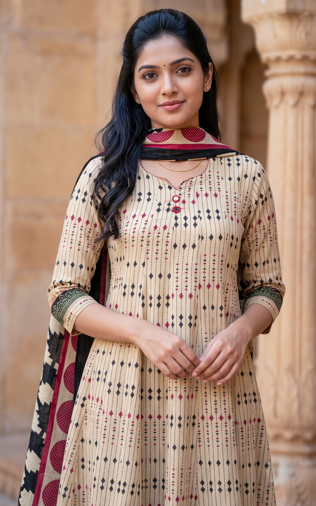 Beige and Black Cotton Anarkali Kurti with Printed Cotton Dupatta for Women