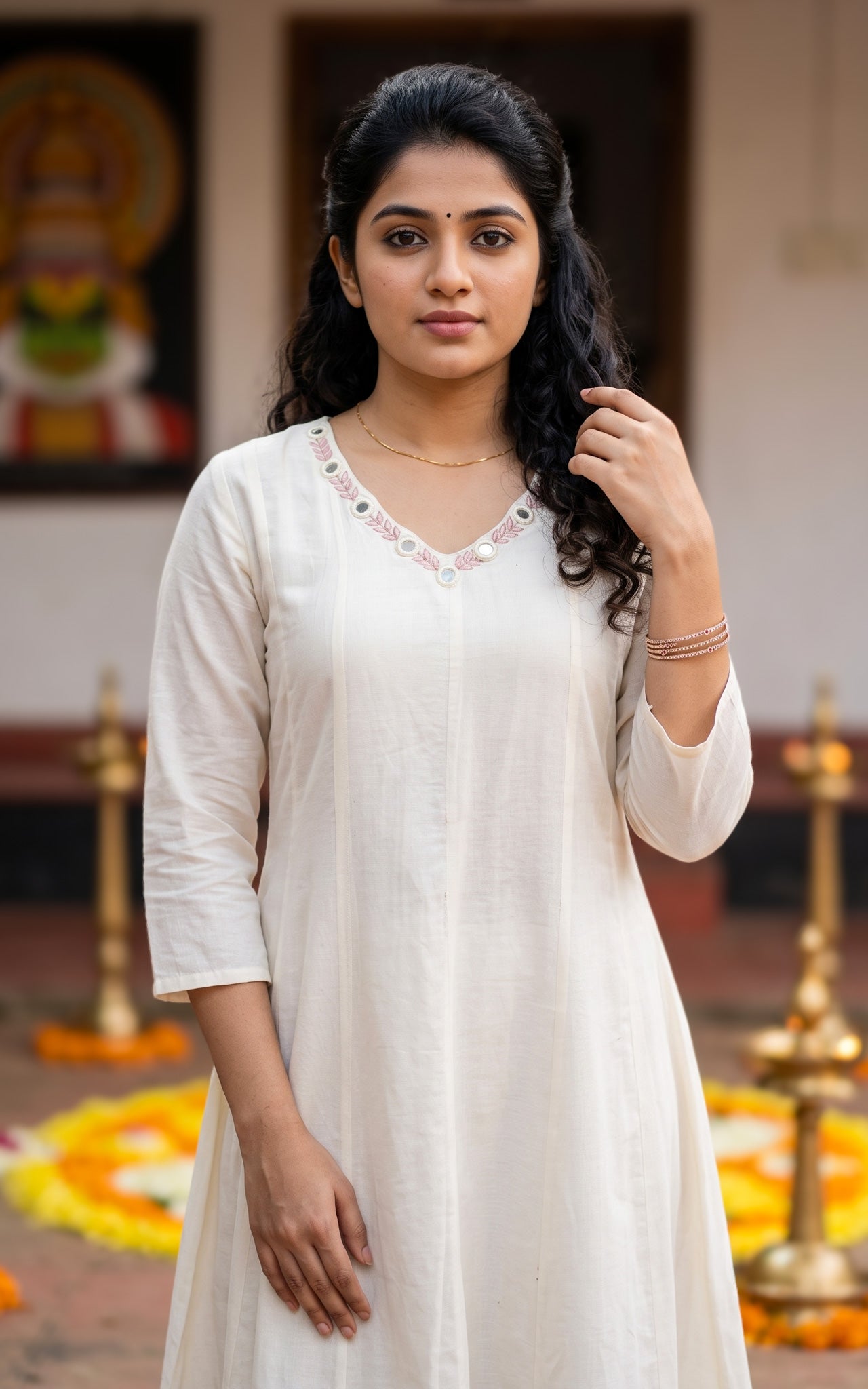 Off White Cotton Kerala Onam Special Kurti for Women