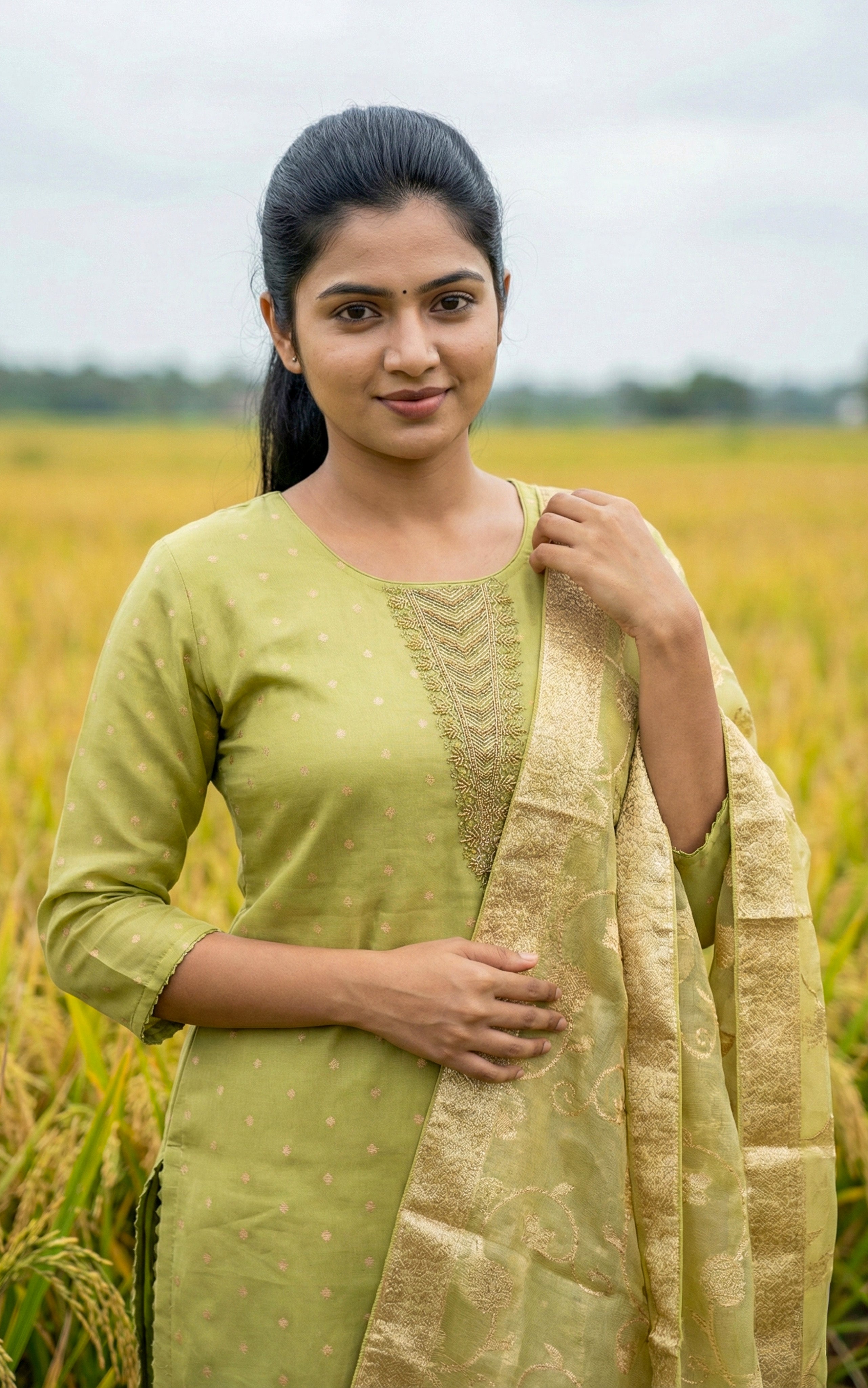 Instore - Pista Green Chanderi Straight Cut Kurti, Embroidery Neckline with Sequins Work & Pant One Side Pocket & Dupatta