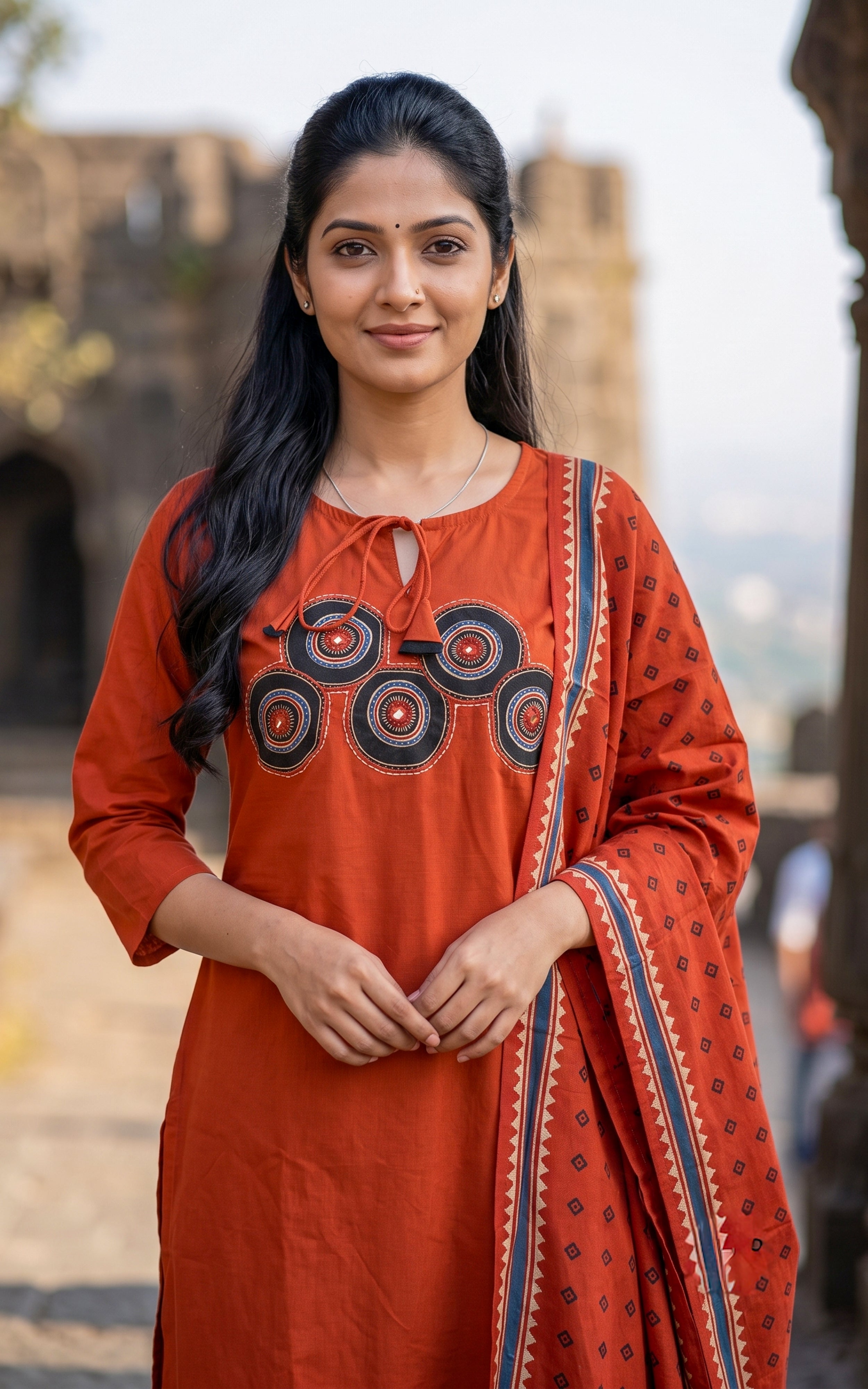 Brick Red Cotton Office Wear Kurti Set for Women