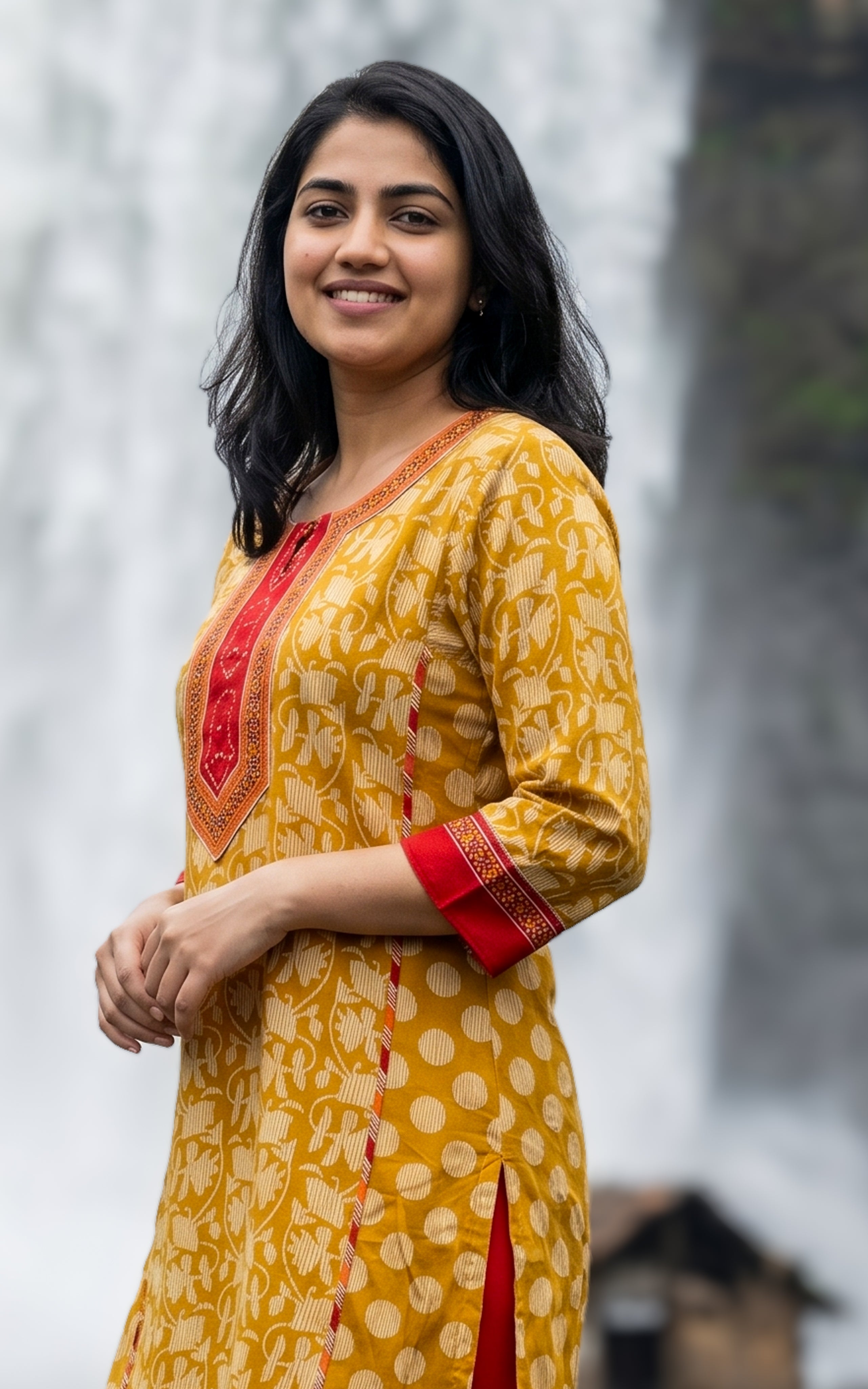Mustard cotton kurti with side slit for women