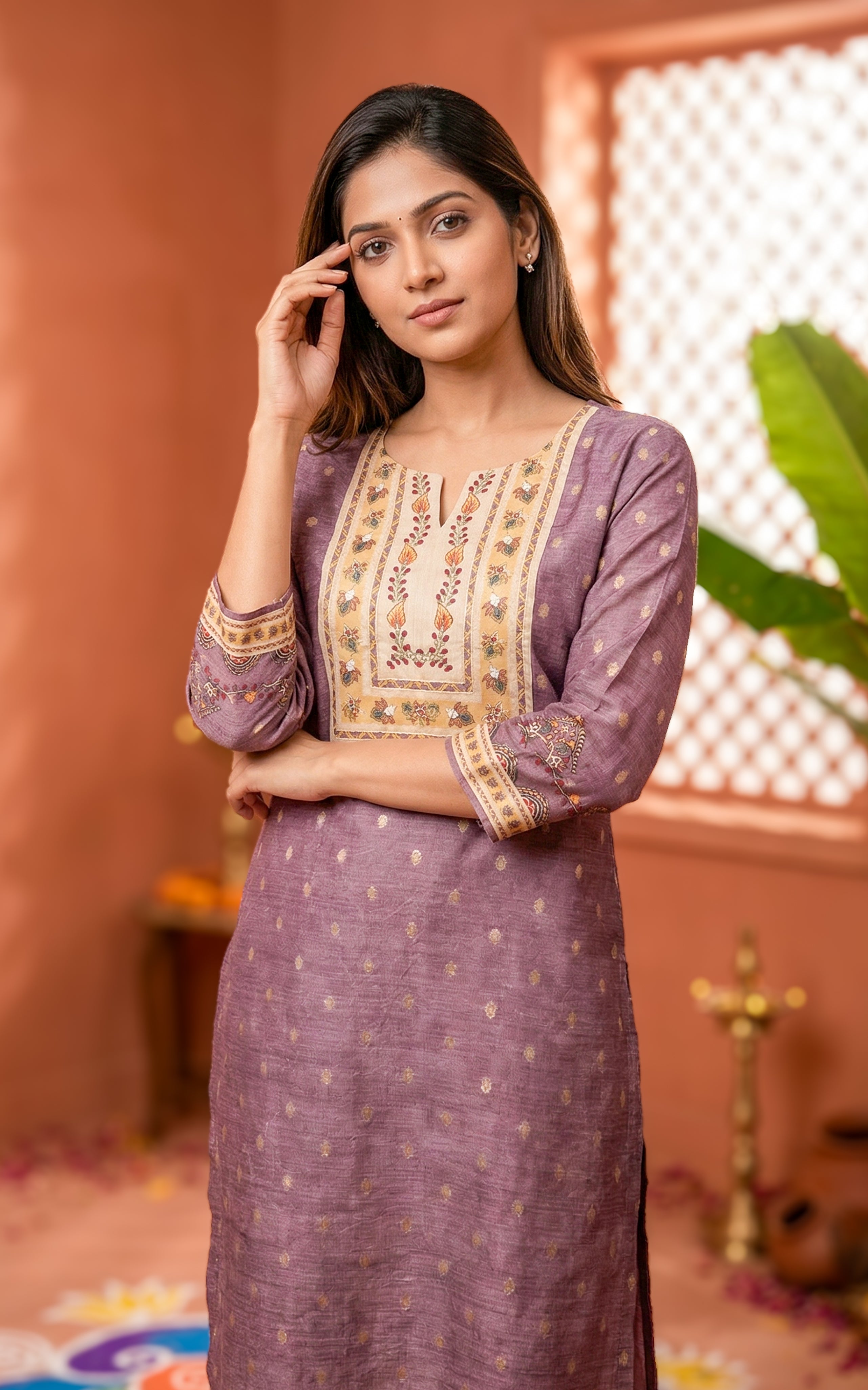 Instore – Dusty Lavender Rincy Kurti for Women – Art Silk – Festive Ethnic Wear