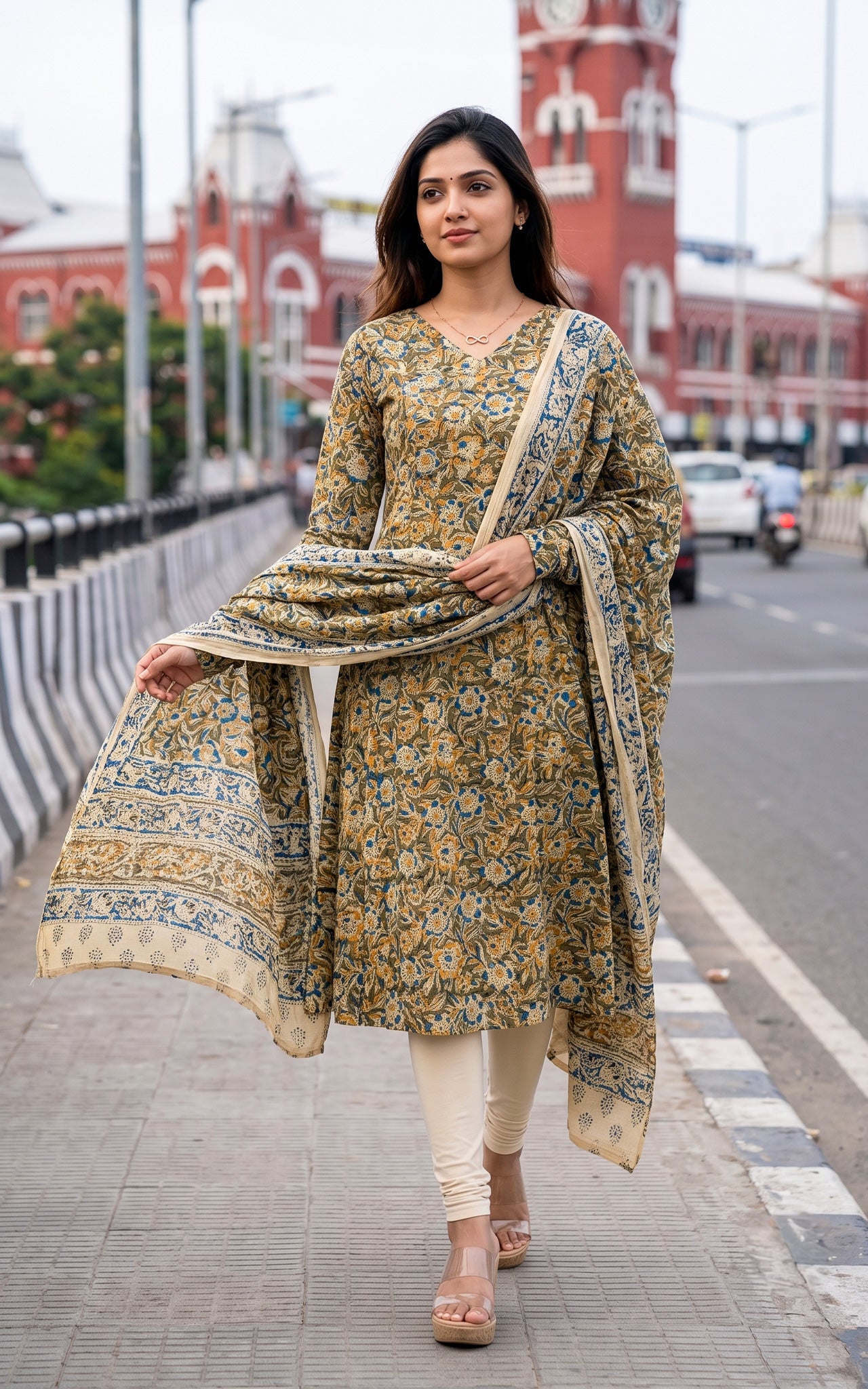 Mehandi Green Kalamkari Cotton Kurti Dupatta for Women
