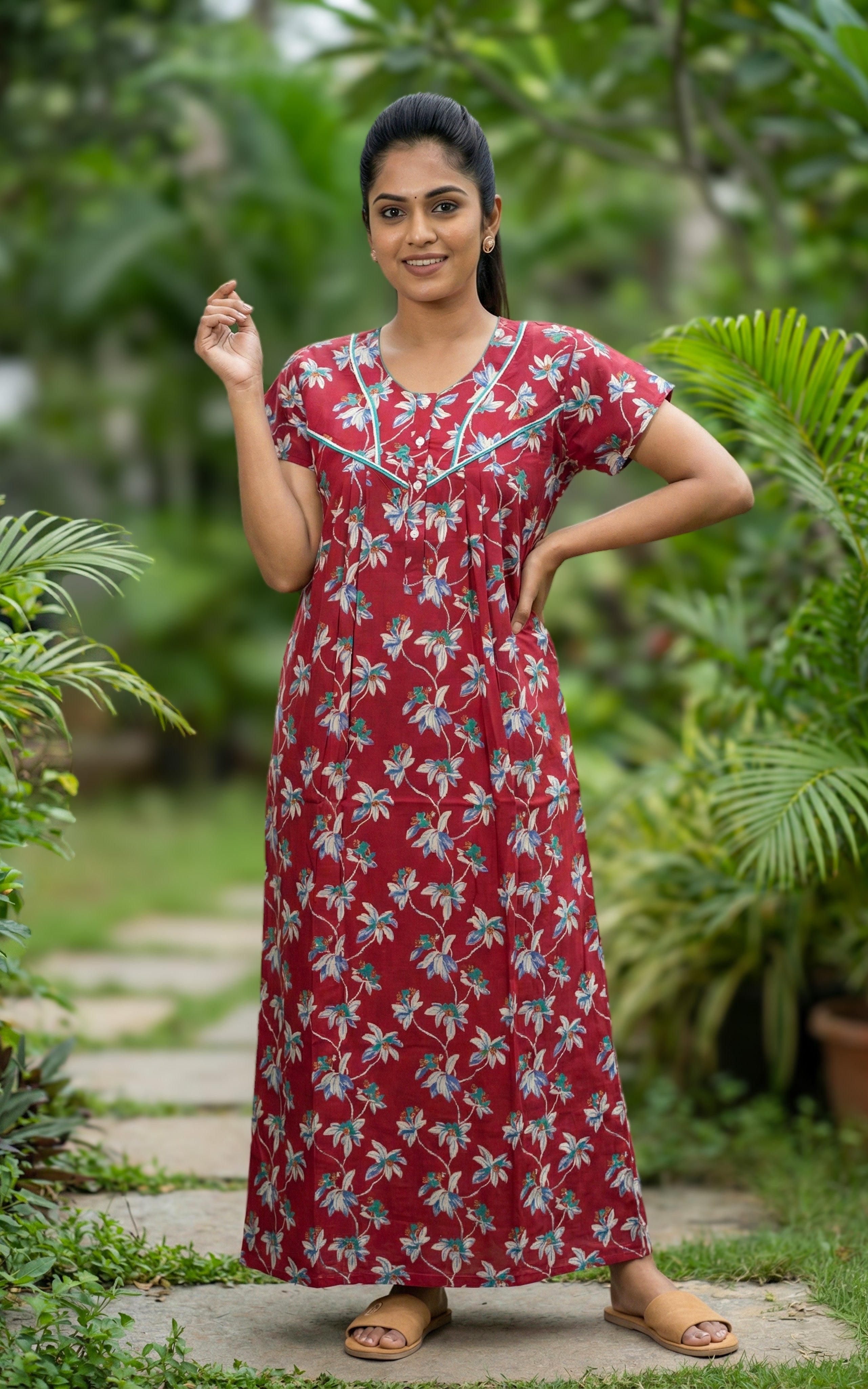 Instore – Maroon Cotton Long Nighty, All-Over Floral Print, Round Neck with V-Yoke Design & Contrast Teal Piping, Relaxed Fit, Women's Sleepwear