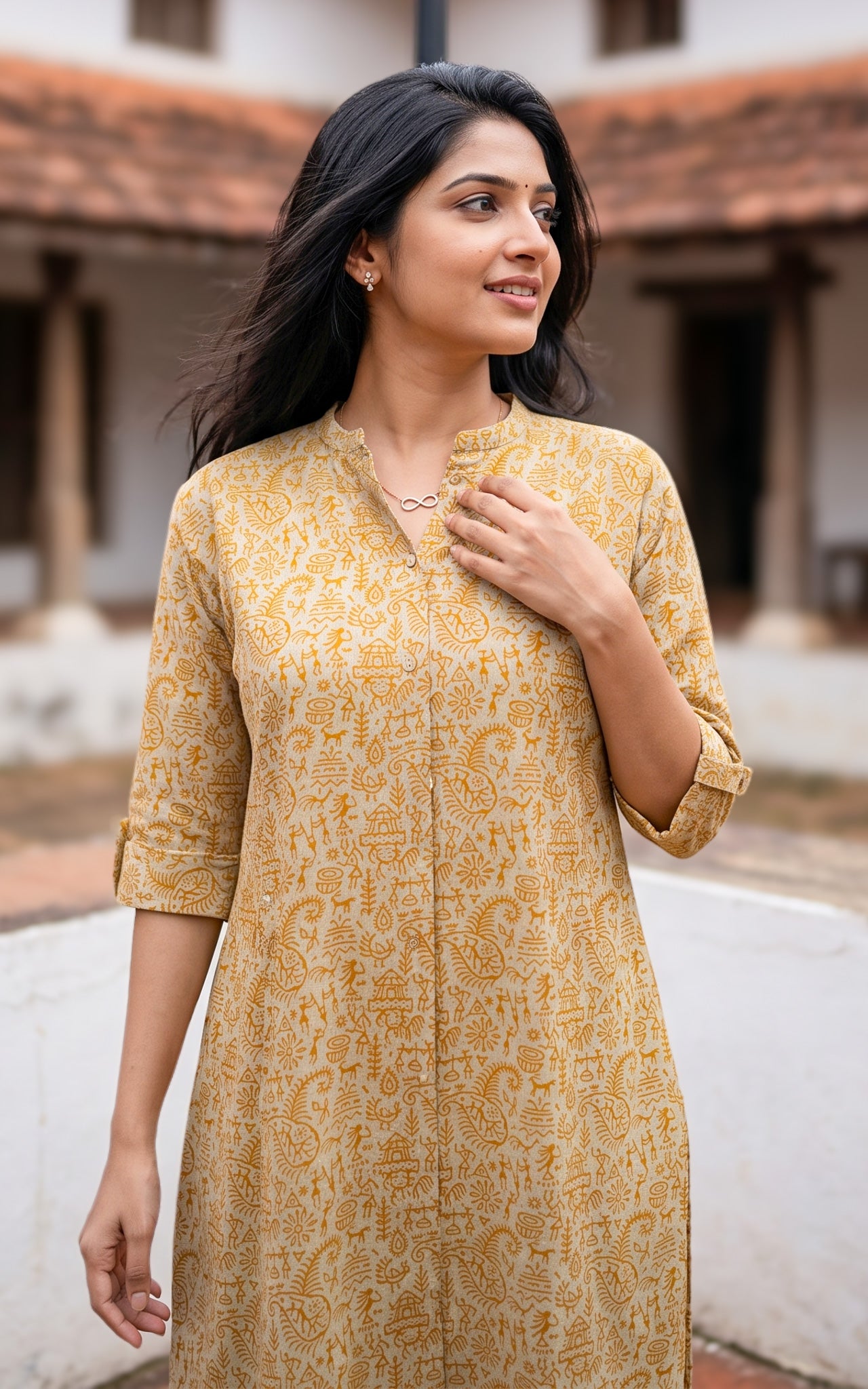 Mustard and Beige Cotton Flex Daily Wear Kurti Set for Women