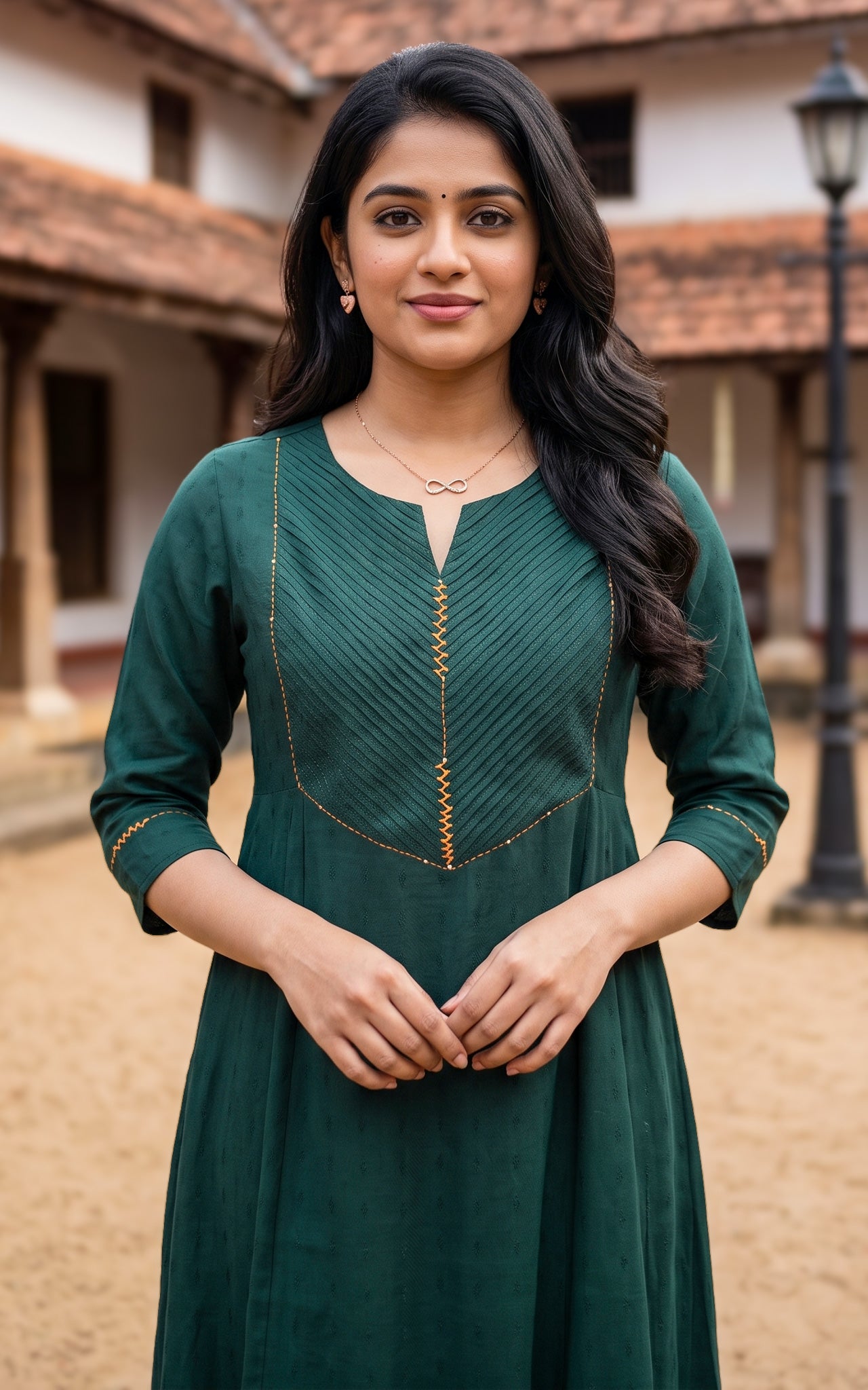 Green Anarkali Kurti Featuring Pintuck Detailing for Women