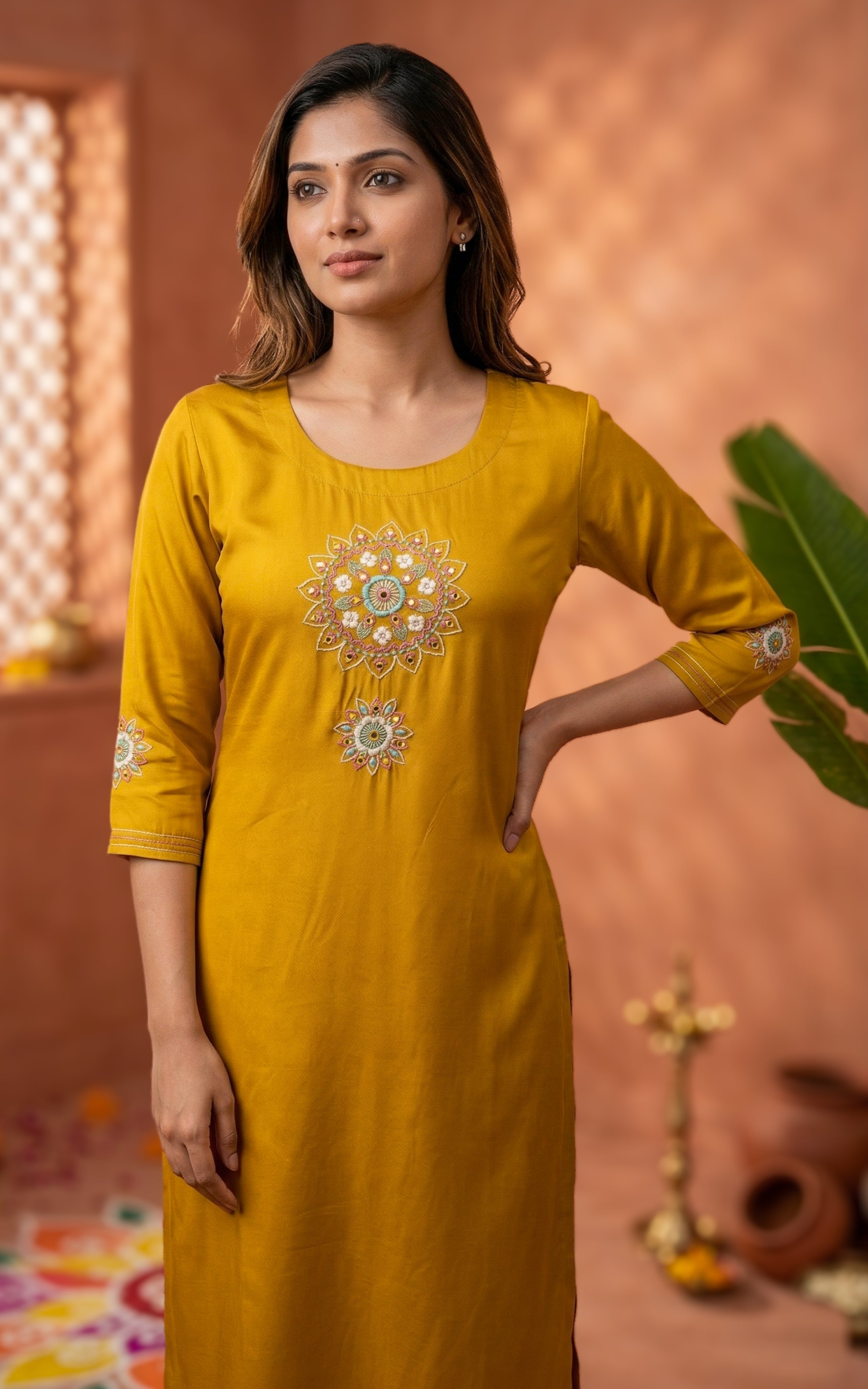 Straight Cut Kurti with Front Embroidery for Women