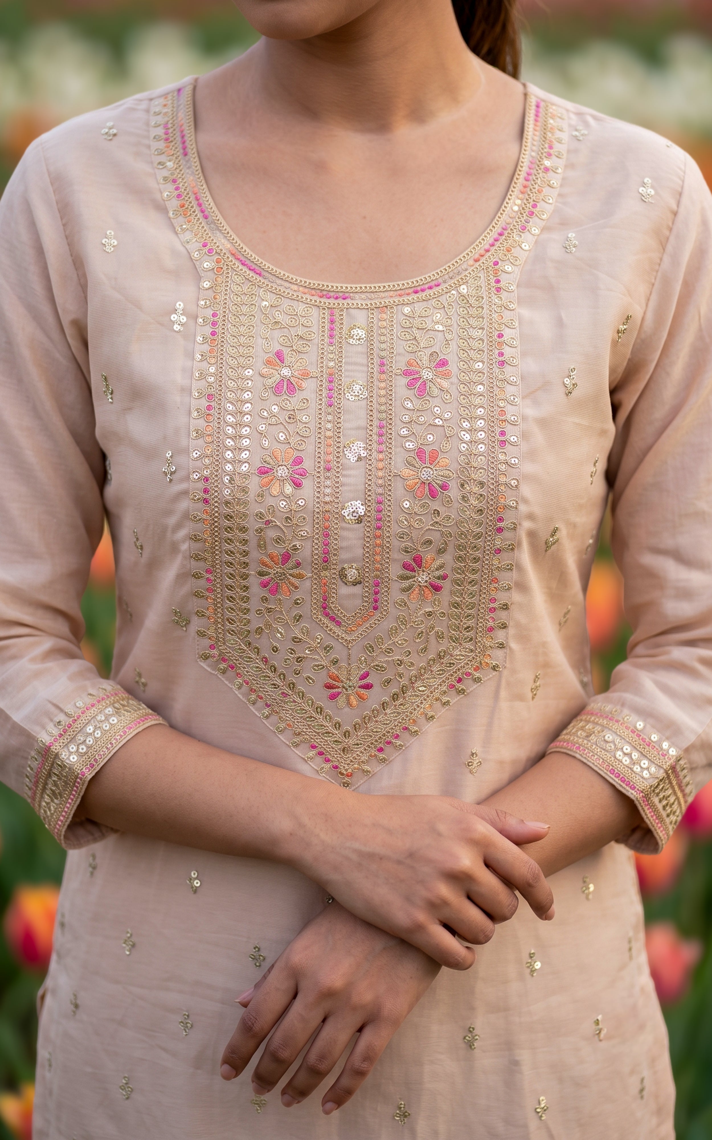 Beige Chanderi Kurti Set with Straight Fit Pant for Women