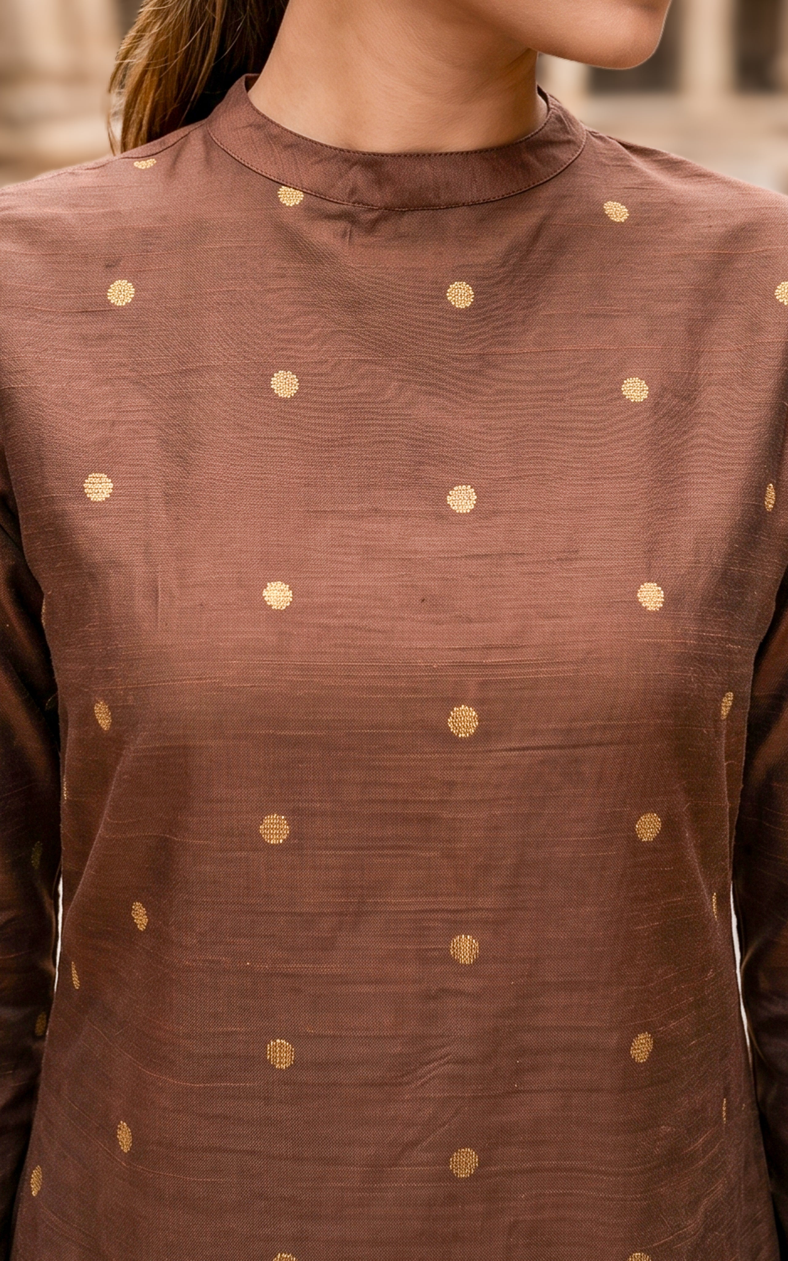 Instore – Brown Sudari Straight Cut Kurti with Dupatta for Women – Silk Cotton – Turtle Neck – Festive Ethnic Wear