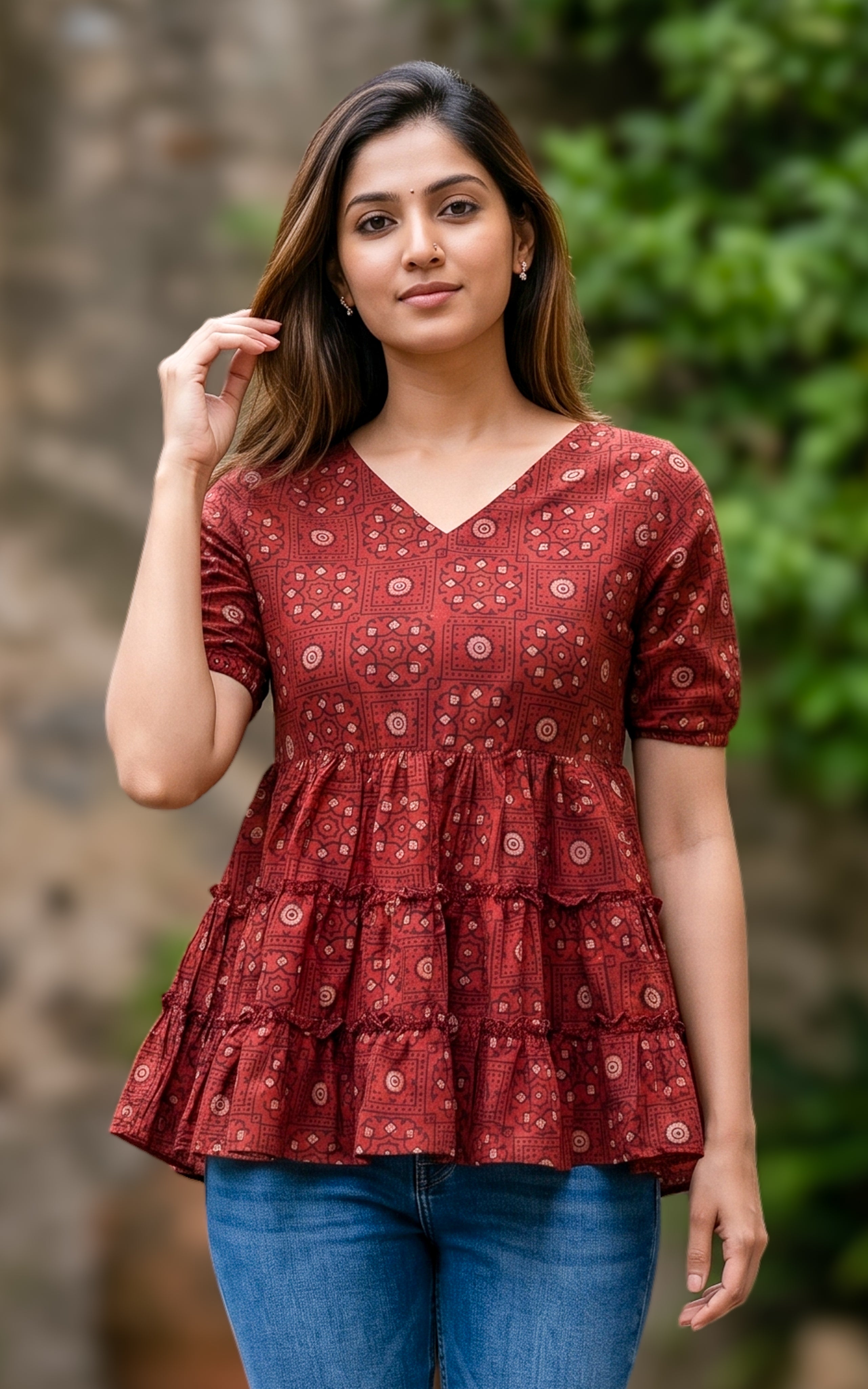 Maroon handblock printed cotton short top for women