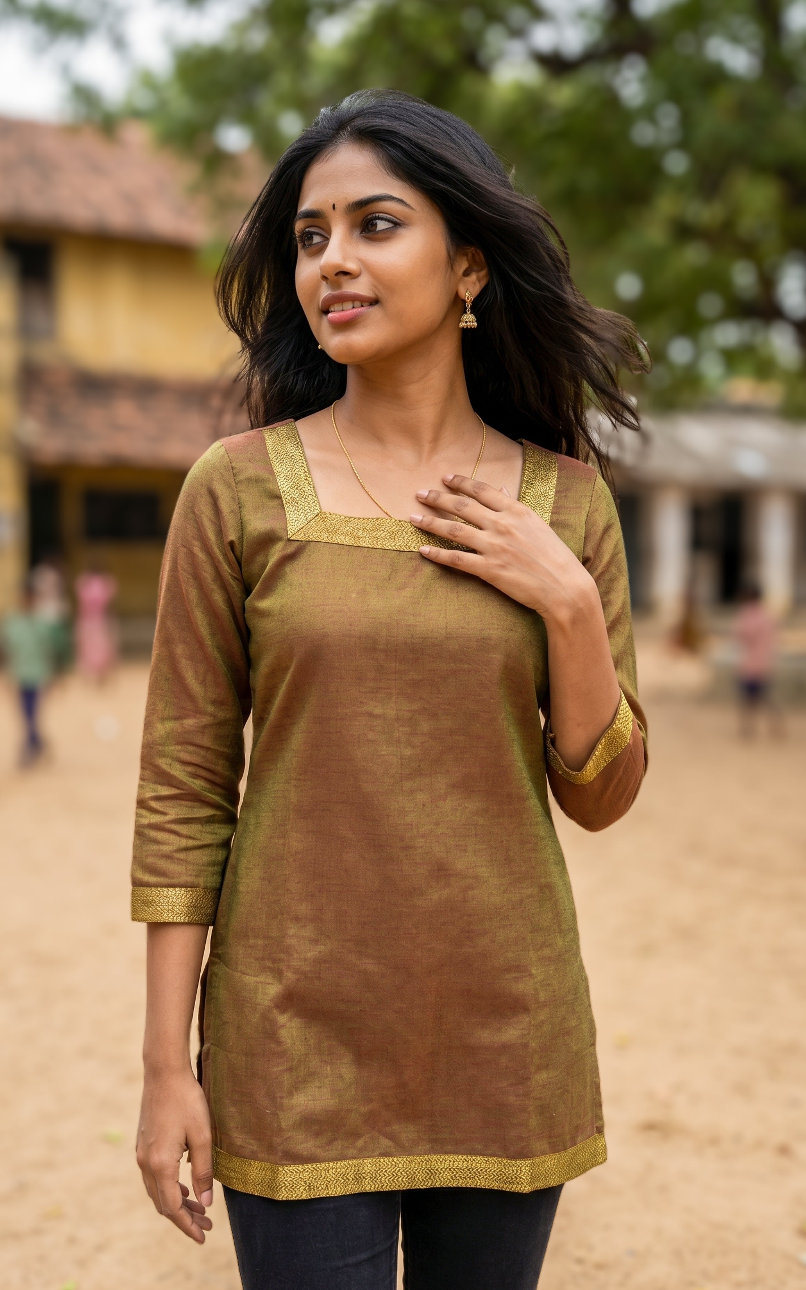 Dual shade mehandi green cotton short kurti for women