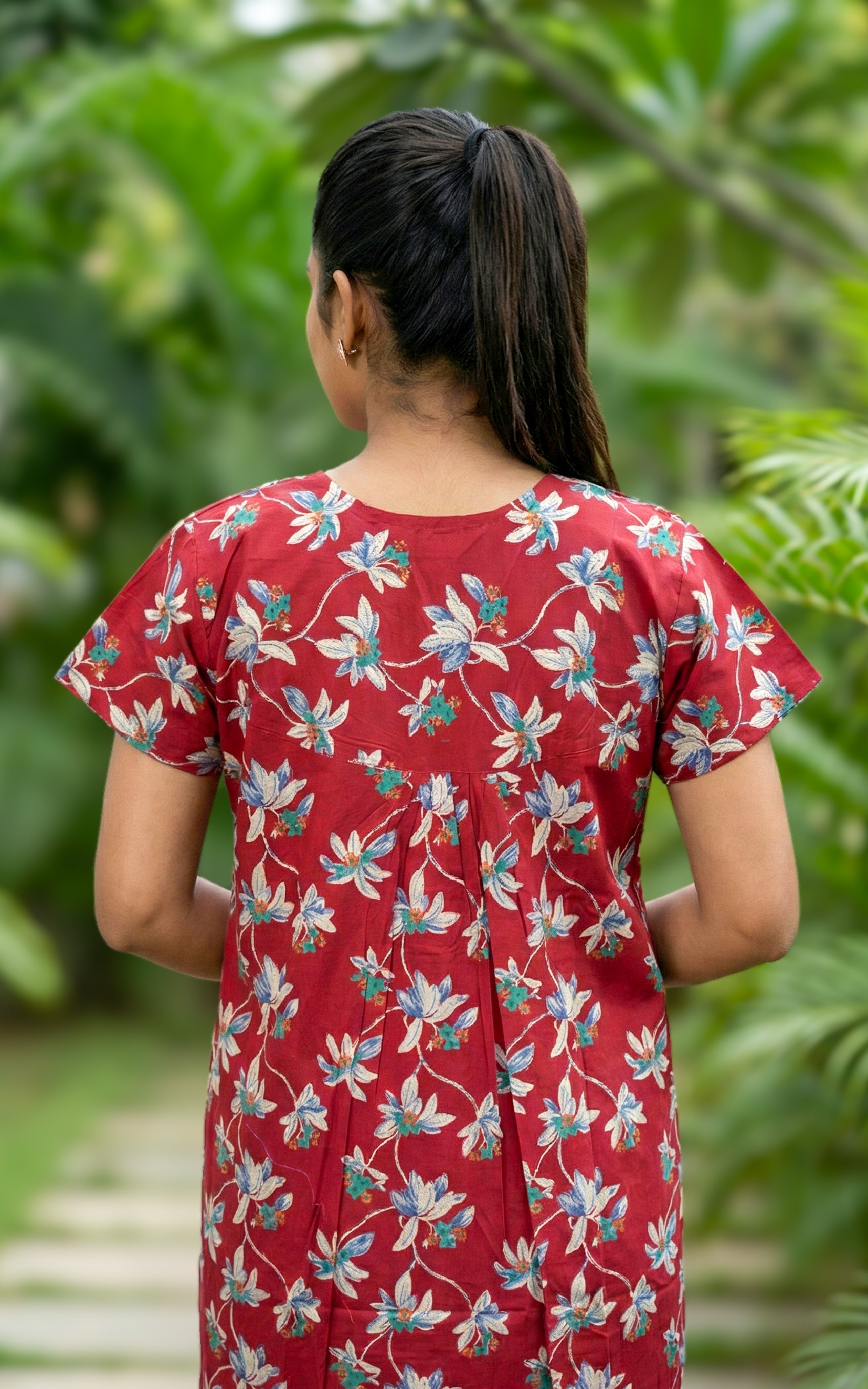 Instore – Maroon Cotton Long Nighty, All-Over Floral Print, Round Neck with V-Yoke Design & Contrast Teal Piping, Relaxed Fit, Women's Sleepwear
