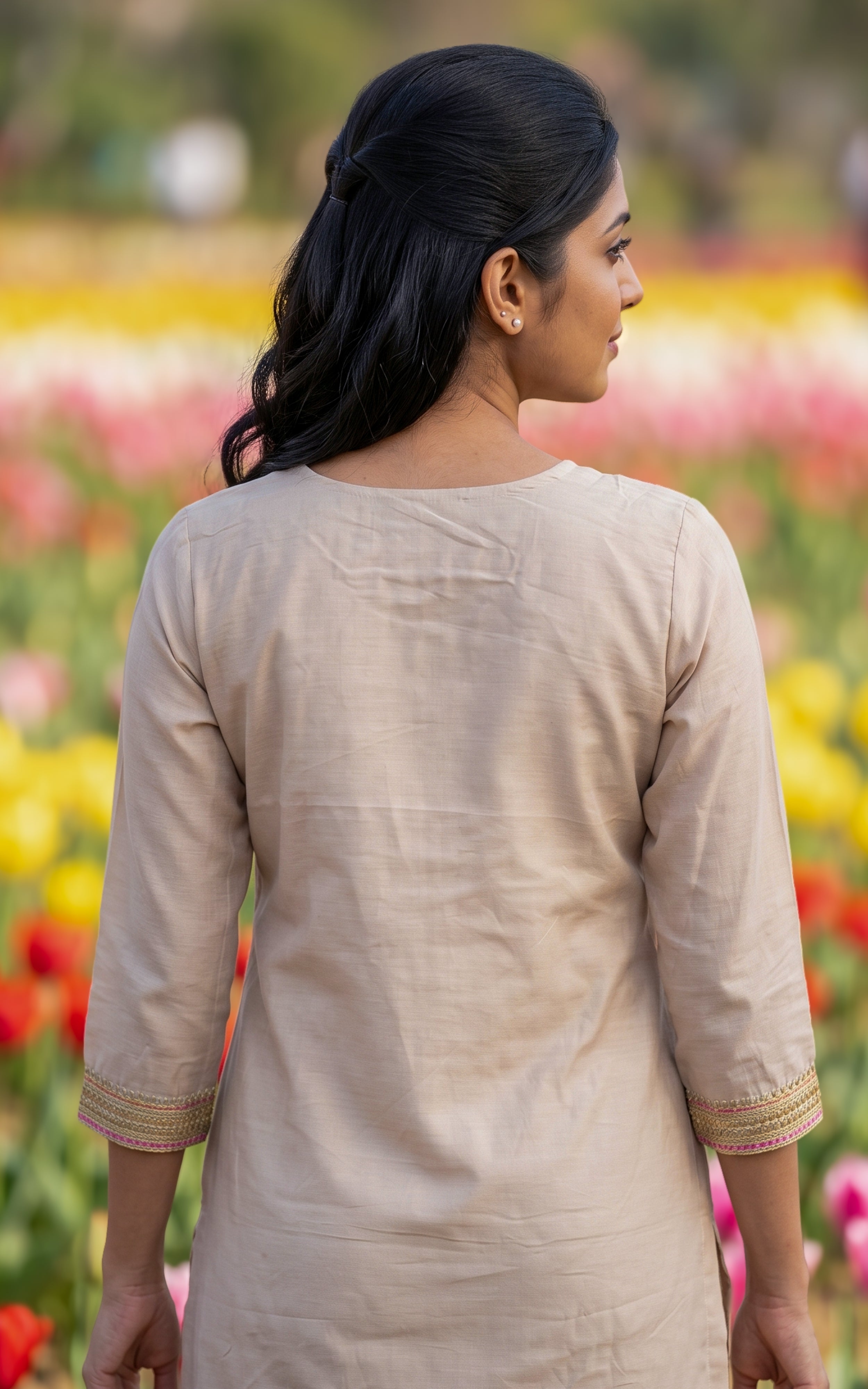 Beige Chanderi Ethnic Wear Kurti Set for Women