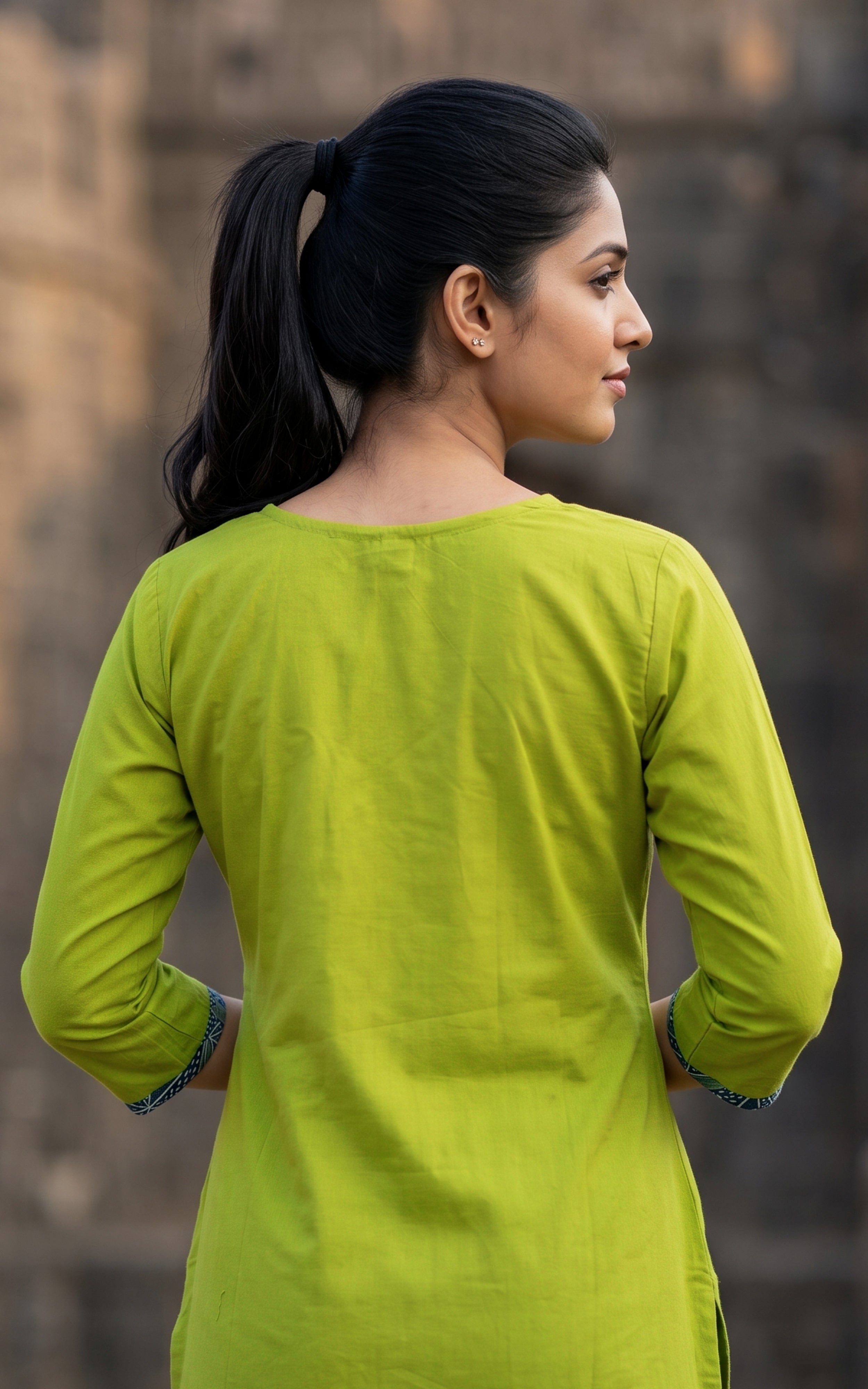 Parrot Green Cotton Semi Aline Kurti Set with Side Slit for Women