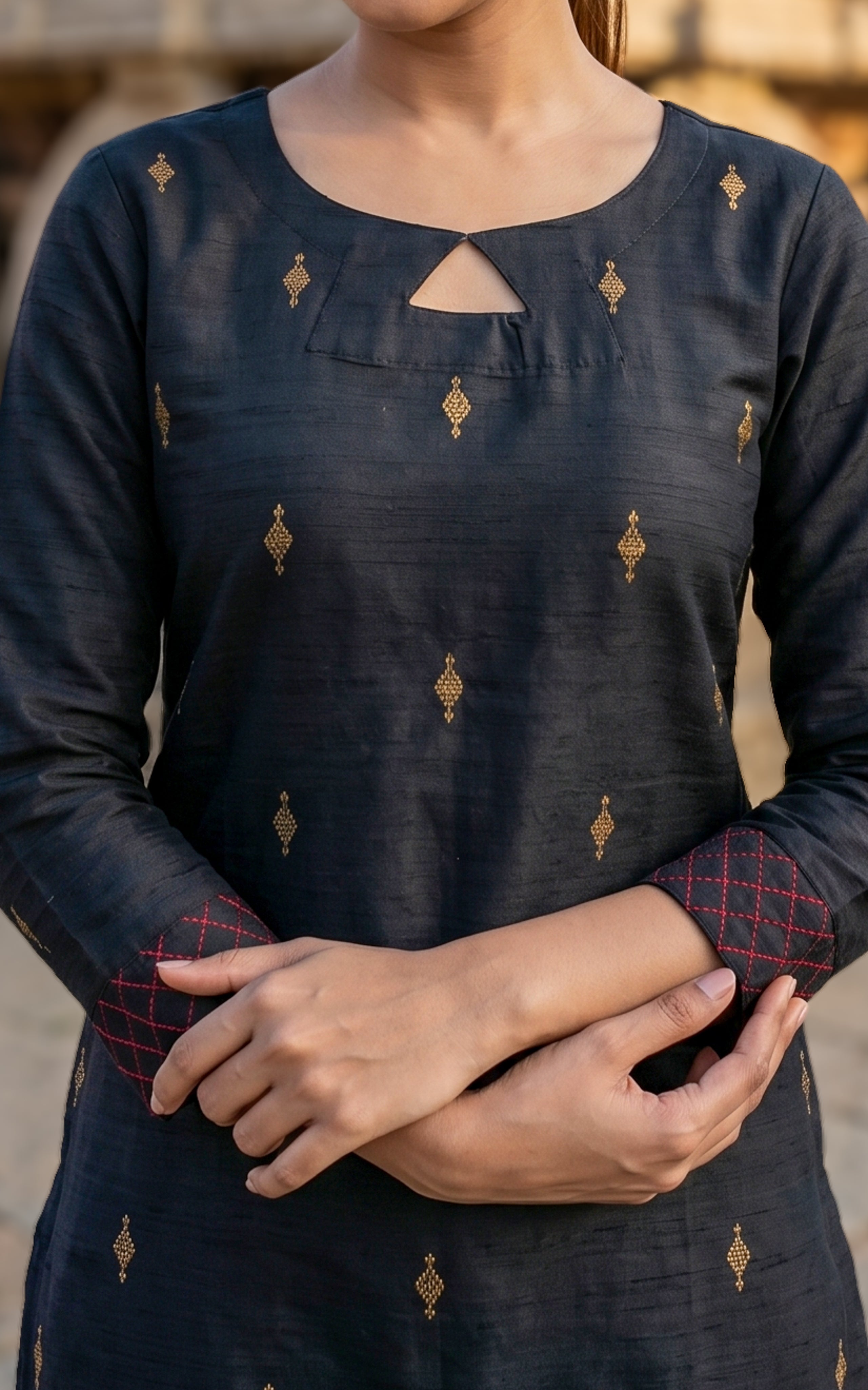 Instore – Black & Red Subiksha Straight Cut Kurti with Dupatta for Women – Silk Cotton – Keyhole Neck – Festive Ethnic Wear