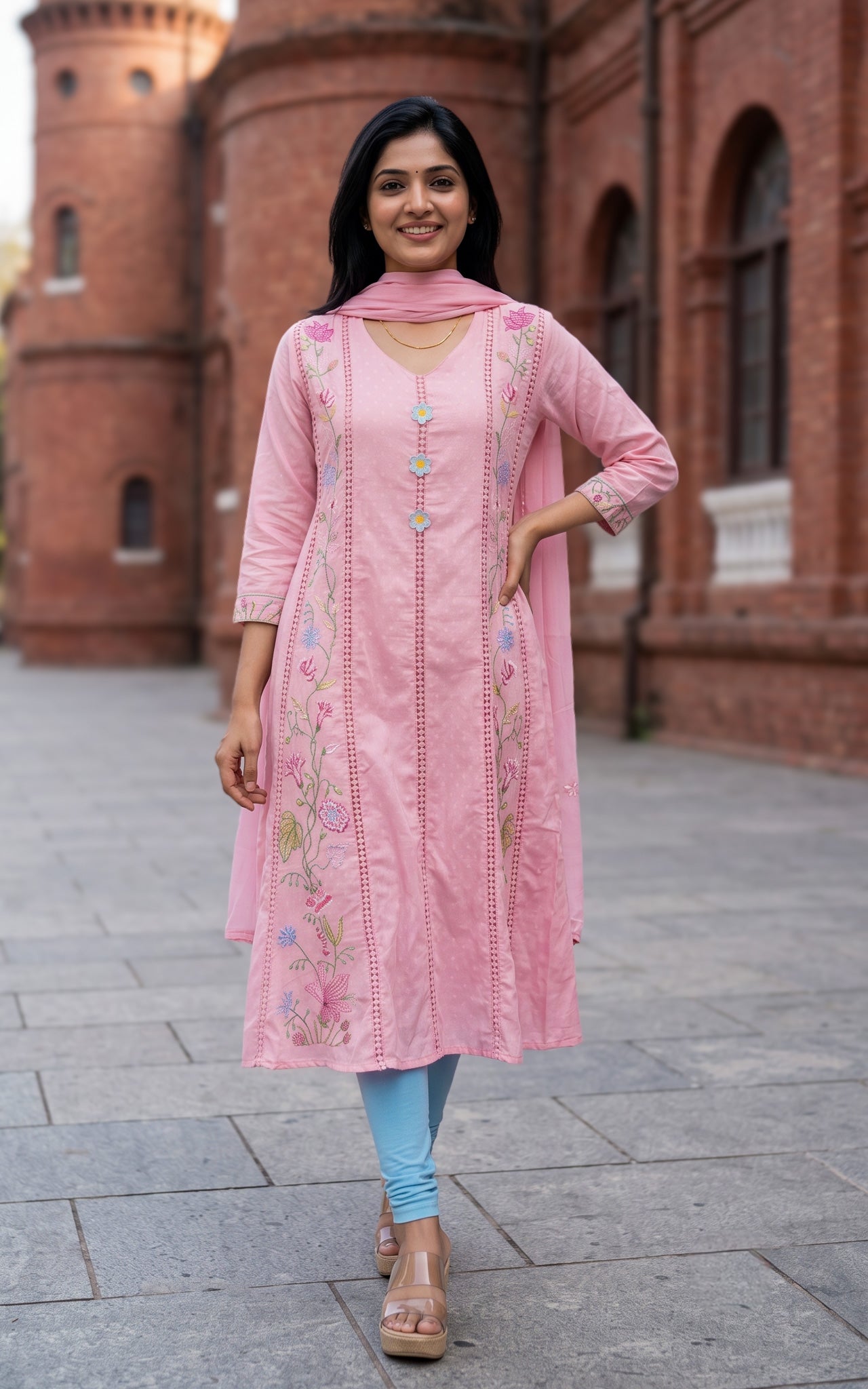 Pastel Pink Cotton Designer Anarkali Kurti Dupatta for Women