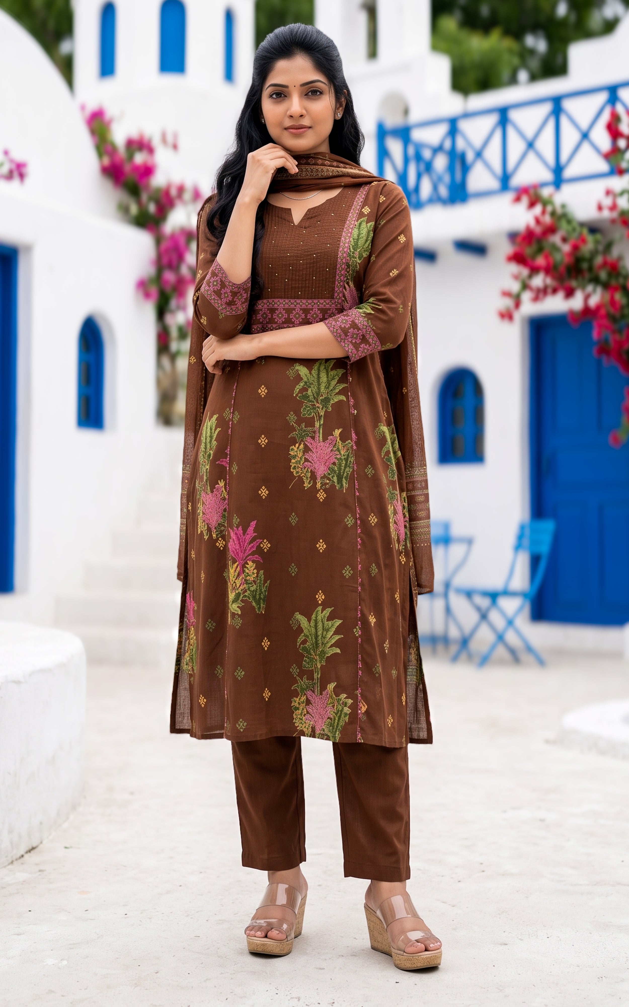 Brown Printed Cotton Kurti Set for Women