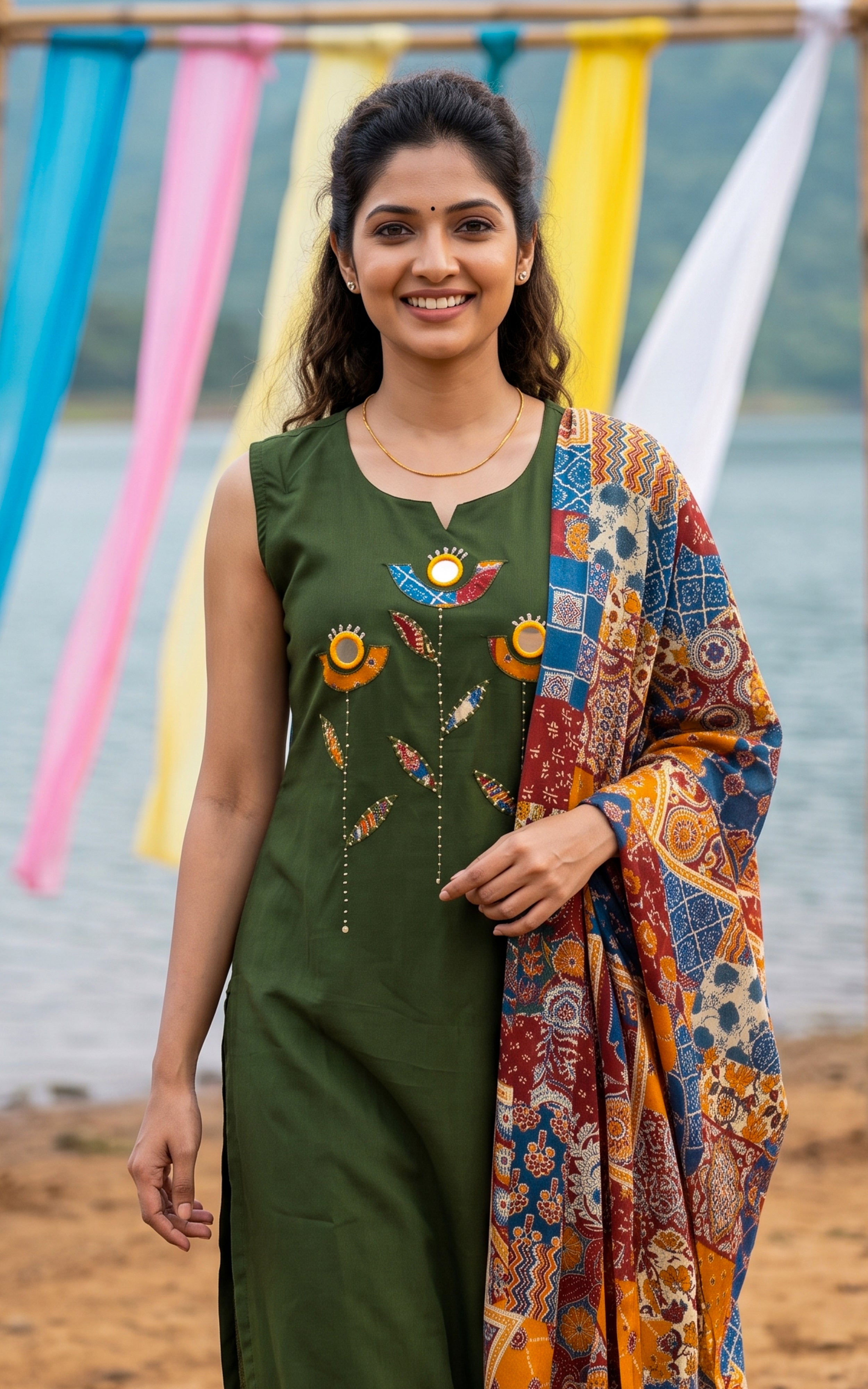 Instore – Green Carolina Kurti Pant Dupatta Set for Women – Cotton – Printed – Ethnic Wear