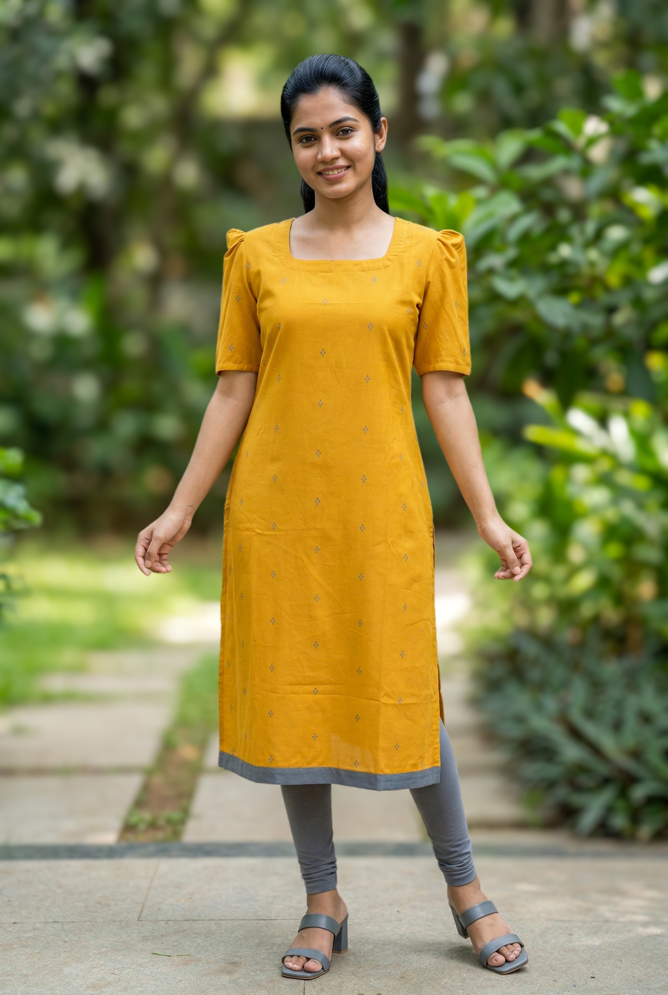 mustard office wear cotton kurti
elegant straight cut kurti with puff sleeves
formal cotton kurti for office
simple office wear kurti for women