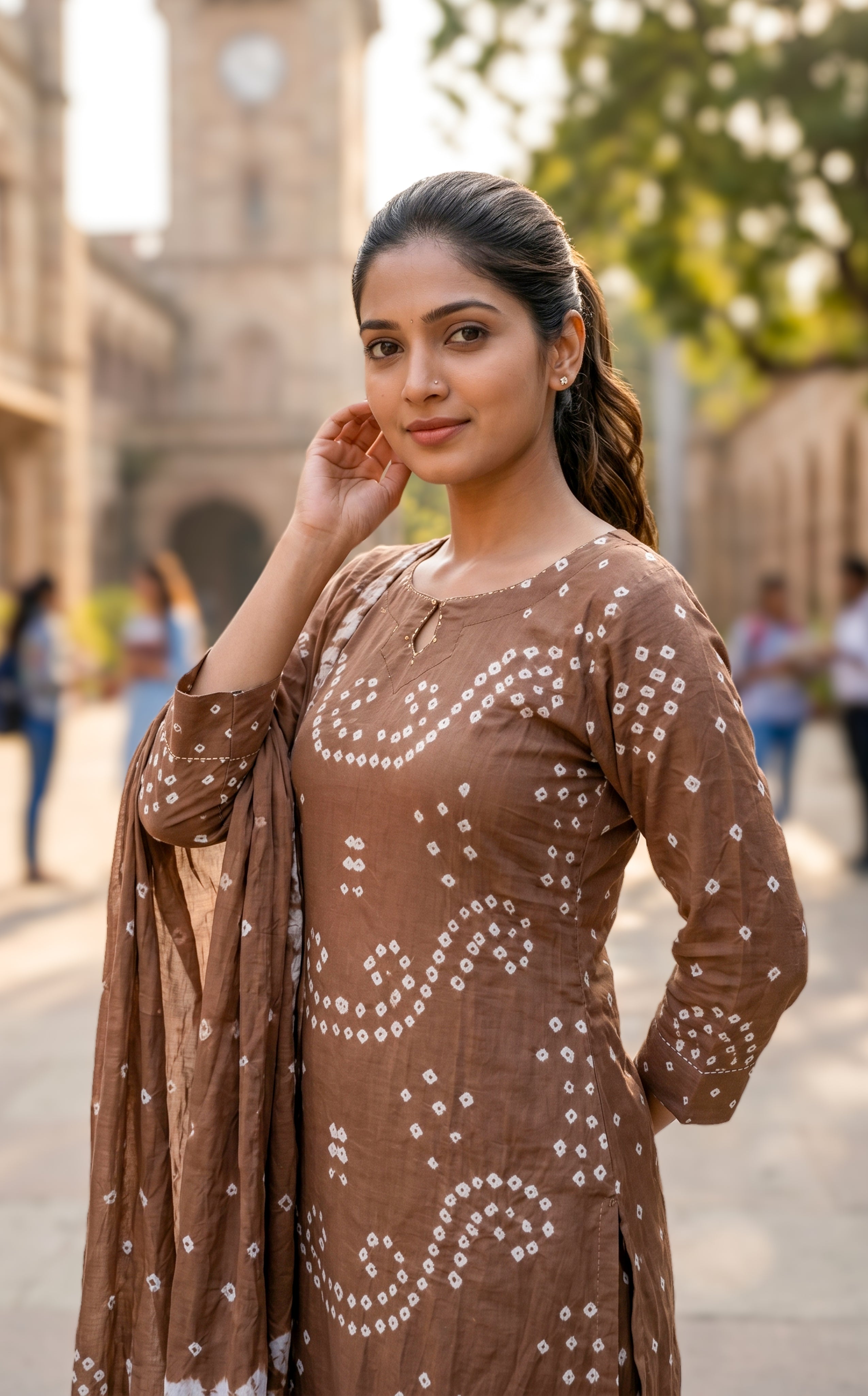 Bandhani kurti pant dupatta set for women