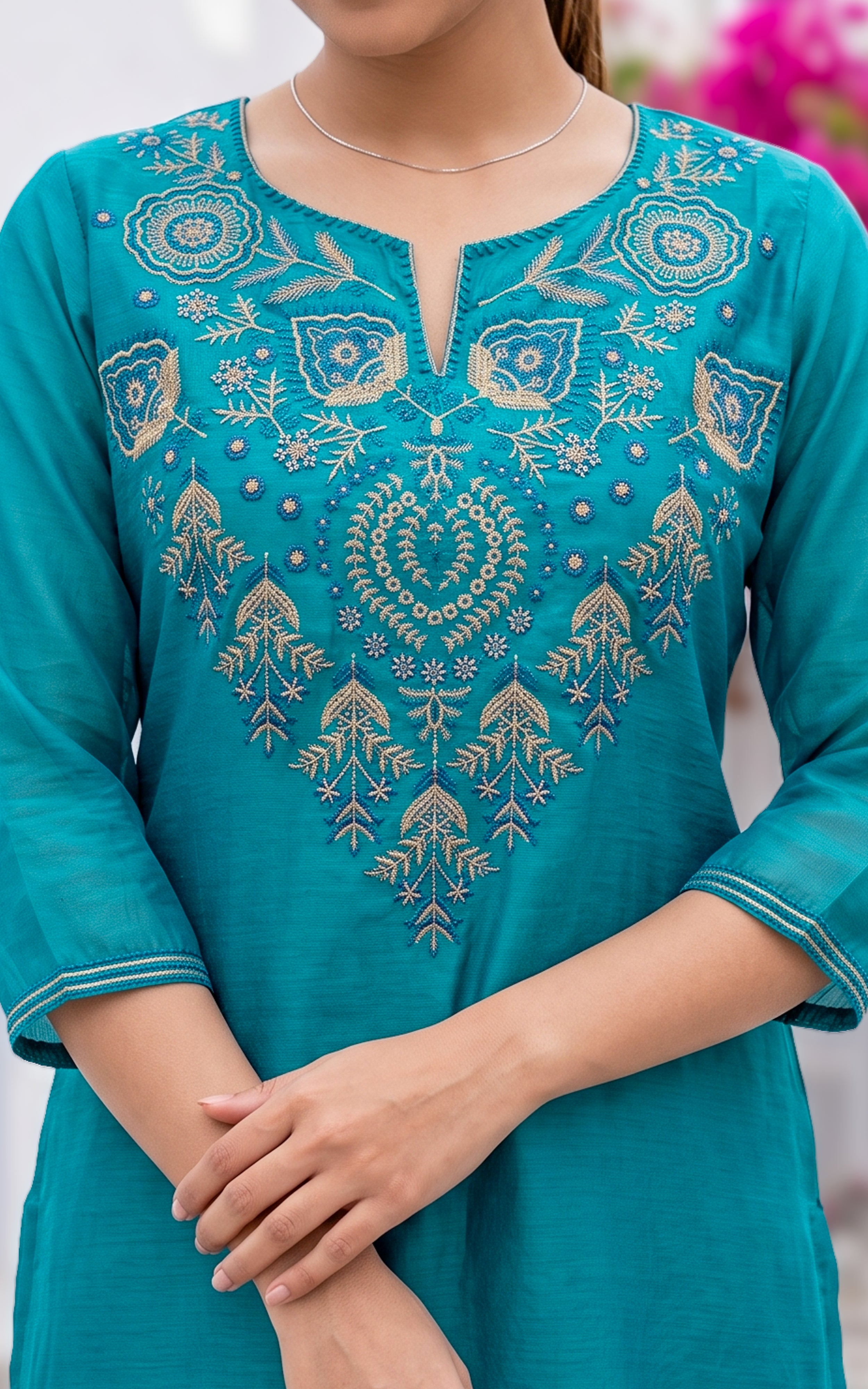 Rama Blue Chanderi Ethnic Wear Kurti Set for Women