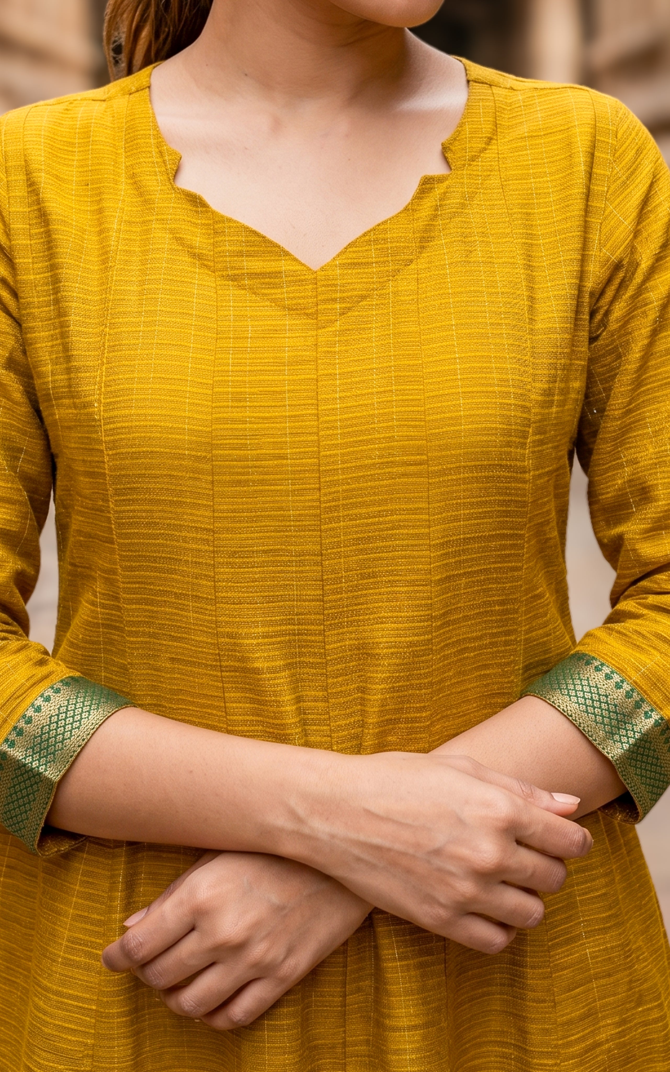Instore – Mustard Azhagumalar Anarkali Kurti with Dupatta for Women – Slub Cotton – Contrast Zari Border – Festive Ethnic Wear
