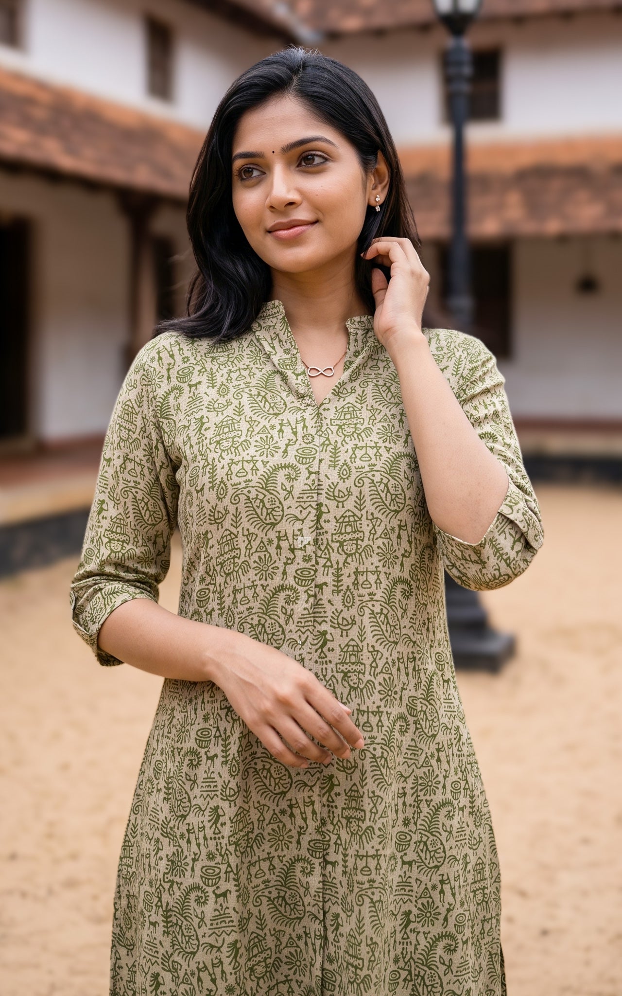 Mehandi Green and Beige Cotton Flex Daily Wear Kurti Set for Women