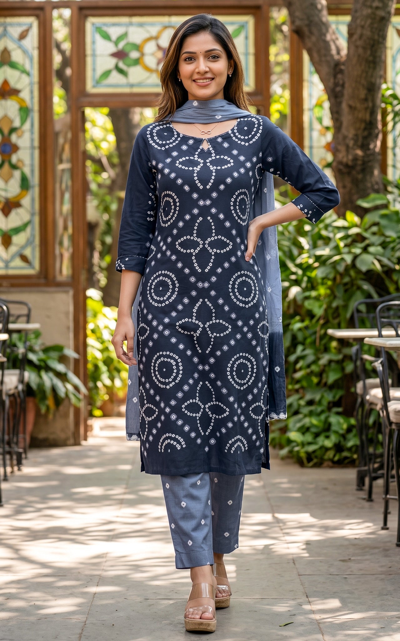 Navy Blue and Grey Cotton Bandhani Kurti Set for Women