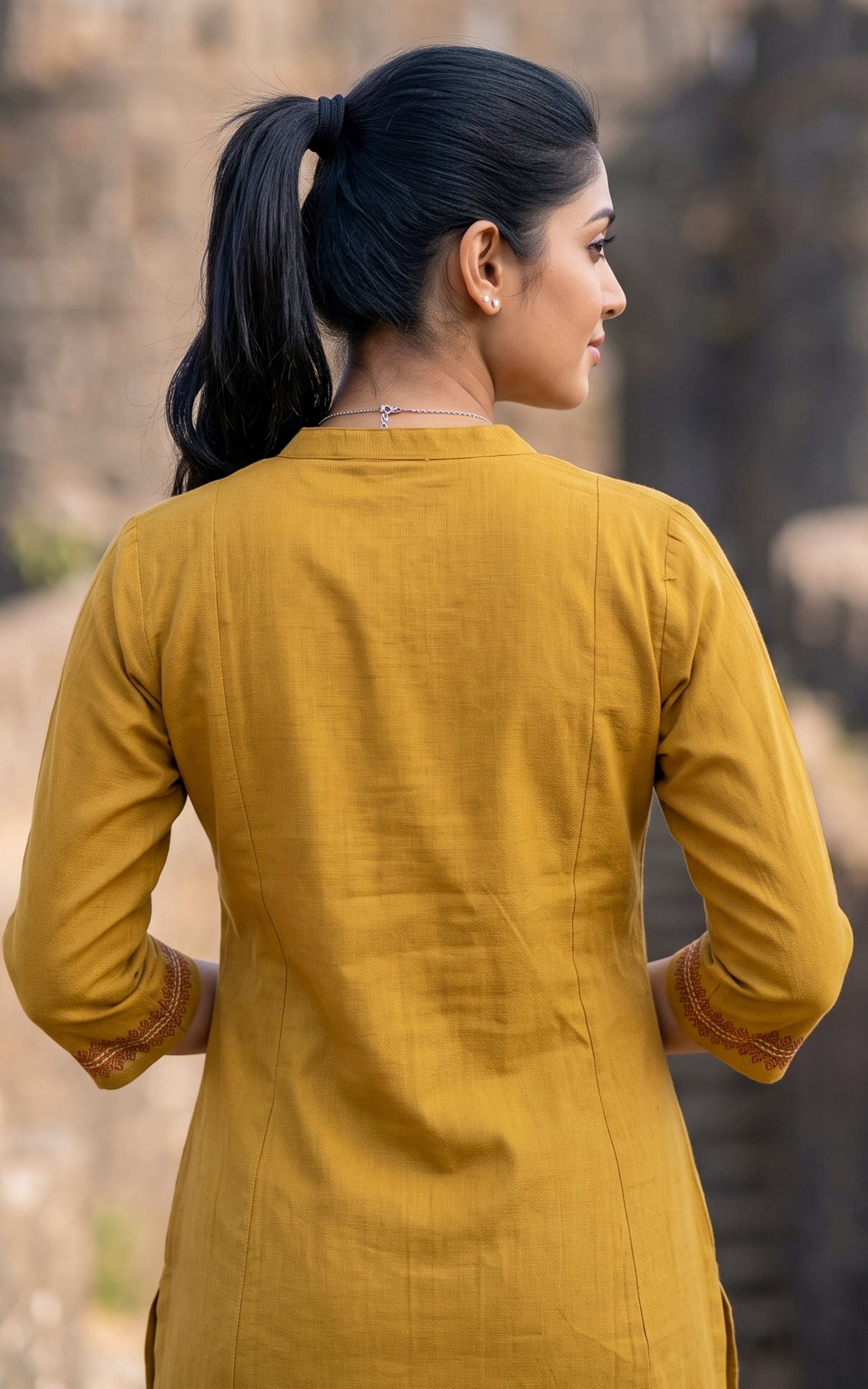 Dark Mustard Cotton Aline Kurti Set with One Side Pocket for Women