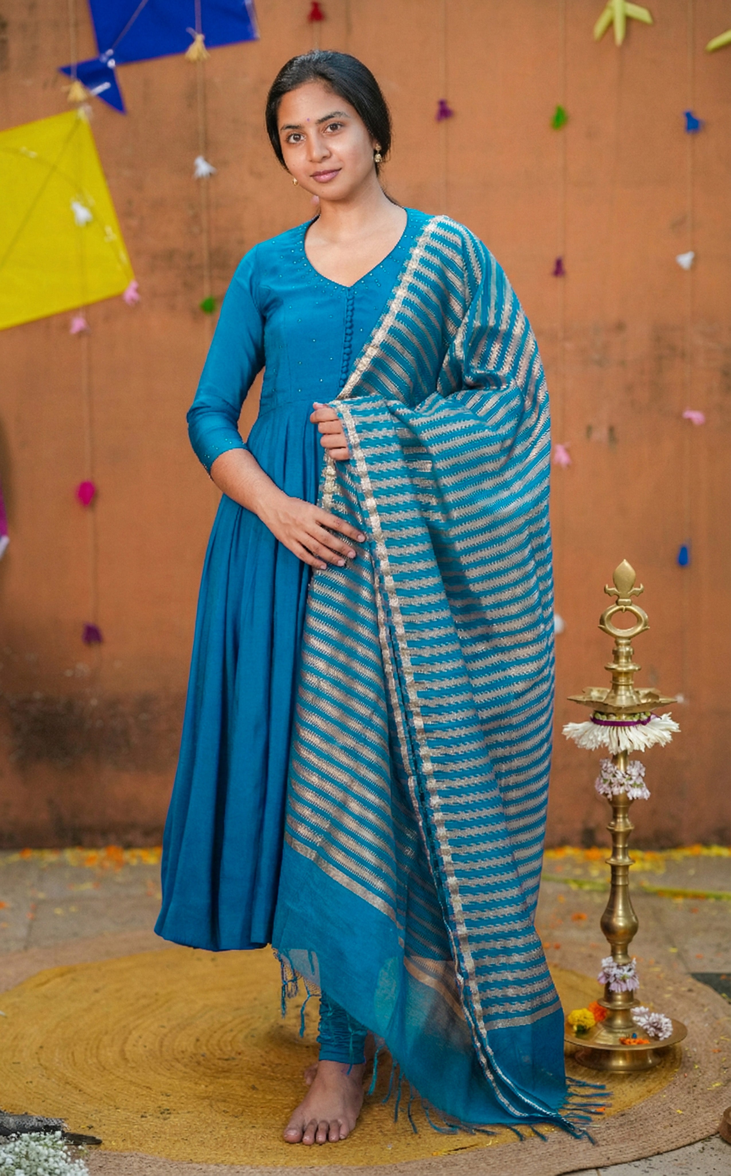 Instore - Peacock Blue Art Silk Sequin Embroidery Anarkali with V-Neckline and Mul Chanderi Dupatta with Cotton Lining